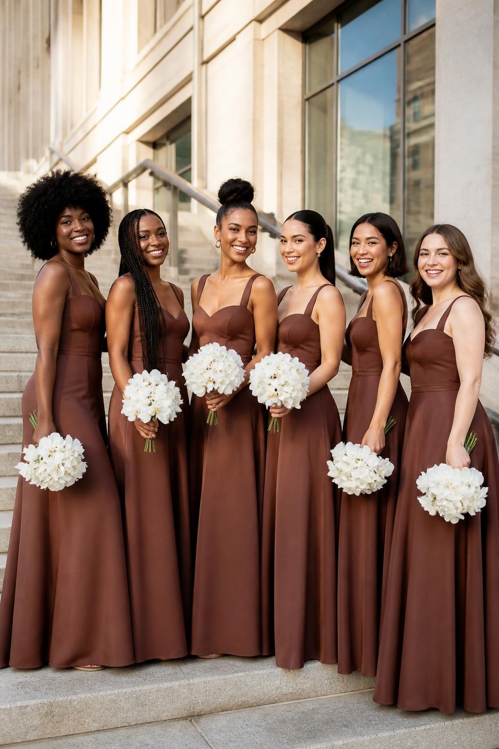 Realistic fashion-forward wedding portrait of six bridesmaids wearing cinnamon brown matte crepe gowns with softly structured corset bodices, square necklines, curved basque waists, and full floor-length skirts with discreet pockets, women with deep ebony, cool dark brown, warm copper, golden tan, light olive, and porcelain skin tones, different bust sizes and body proportions represented naturally, bright joyful faces with individual features, realistic makeup and small flyaway hairs, hairstyles including a voluminous afro, waist-length braids, sculptural bun, sleek ponytail, layered bob, and loose curls, photographed on broad sandstone steps outside a modern city venue, holding compact white orchid bouquets, clear morning light showing visible seams, natural fabric weight, and believable creasing around the waist, high-detail DSLR fashion photography.