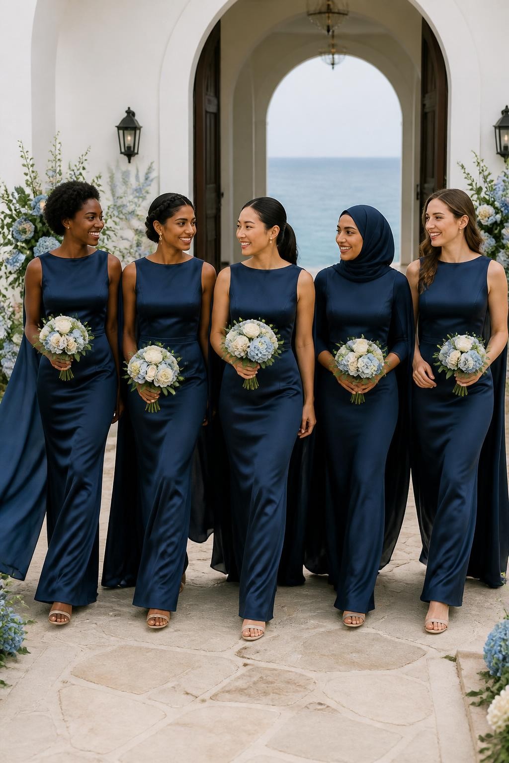 Realistic editorial wedding photograph of five bridesmaids wearing navy blue charmeuse gowns with simple boat necklines, sleeveless fitted bodices, narrow waists, and long draped cape panels falling from the shoulders down the back, women of West African, South Asian, East Asian, Middle Eastern, and European appearance with deep, golden brown, olive, tan, and fair complexions, bright expressive faces with distinct features, realistic pores and soft makeup, hairstyles including natural coils, a braided crown, softly wrapped hijab, polished ponytail, and loose waves, walking through the arched entrance of a white coastal chapel surrounded by blue hydrangeas, cream flowers, and pale stone paths, gentle ocean breeze lifting the cape panels naturally, believable satin highlights, soft shadows, and realistic body proportions.