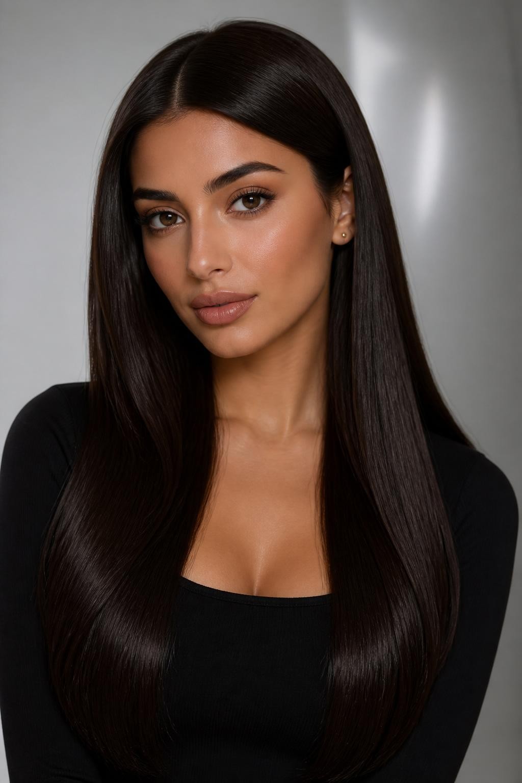 Image Prompt: A stylish woman with long glossy espresso brownie hair, very dark brown shade with soft chocolate undertones, sleek straight texture, center part, mirror-like shine, warm olive skin tone, soft matte makeup, nude lips, small gold studs, fitted black top, clean modern studio background, soft cool lighting, realistic DSLR beauty portrait, detailed smooth dark brunette shine, no text, (no watermarks on images)