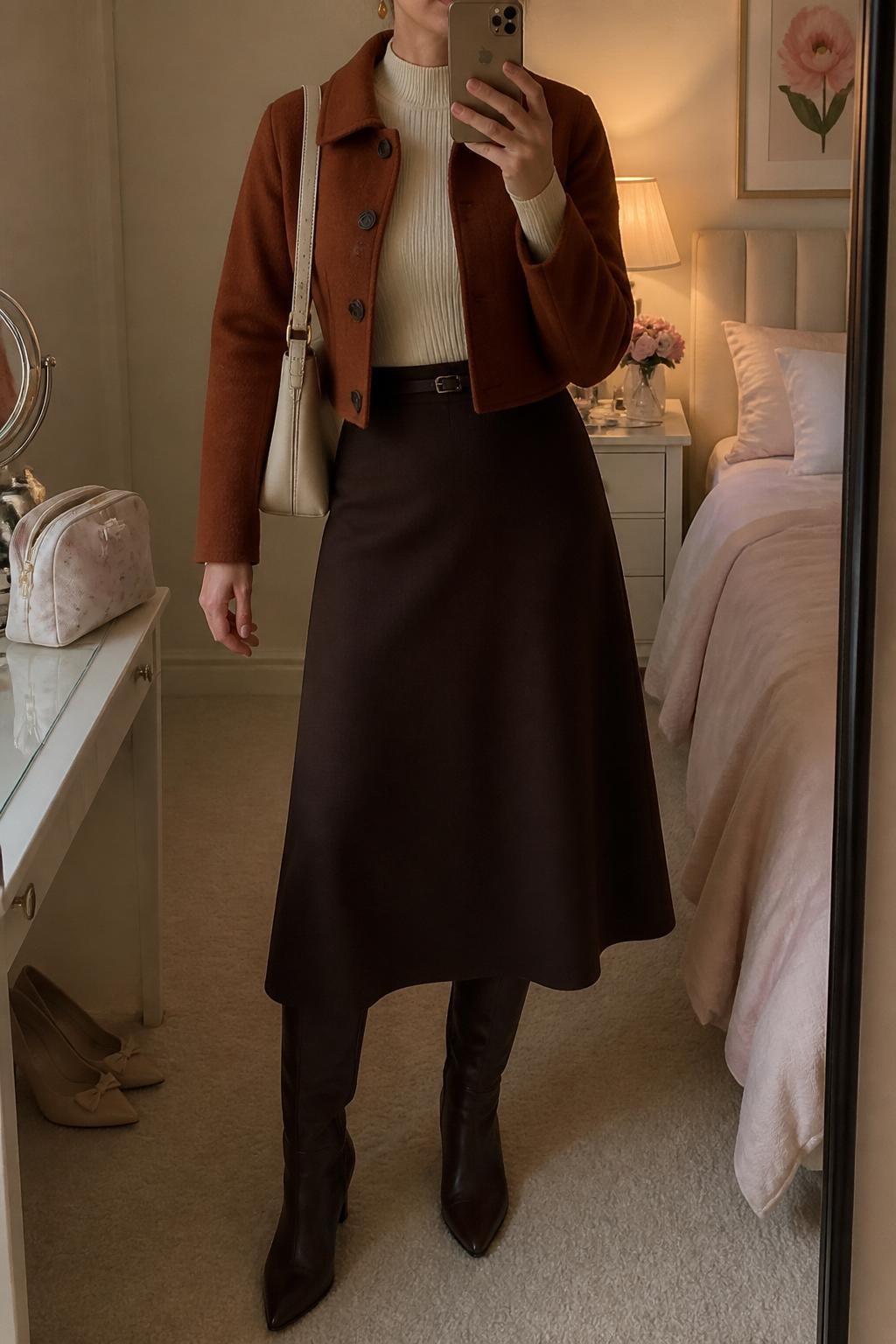 Mirror selfie of a woman wearing a cropped rust wool jacket over a cream fitted turtleneck and a dark brown A-line midi skirt, clearly showing chocolate brown knee-high boots, a cream leather shoulder bag, and small amber drop earrings, holding an iPhone in front of a feminine-themed bedroom mirror, cropped at the neck so the face does not show, relaxed casual selfie pose, evening golden hour light, a makeup bag on the vanity and a pair of heels on the floor nearby, natural unstaged setting, latest iPhone photo quality.