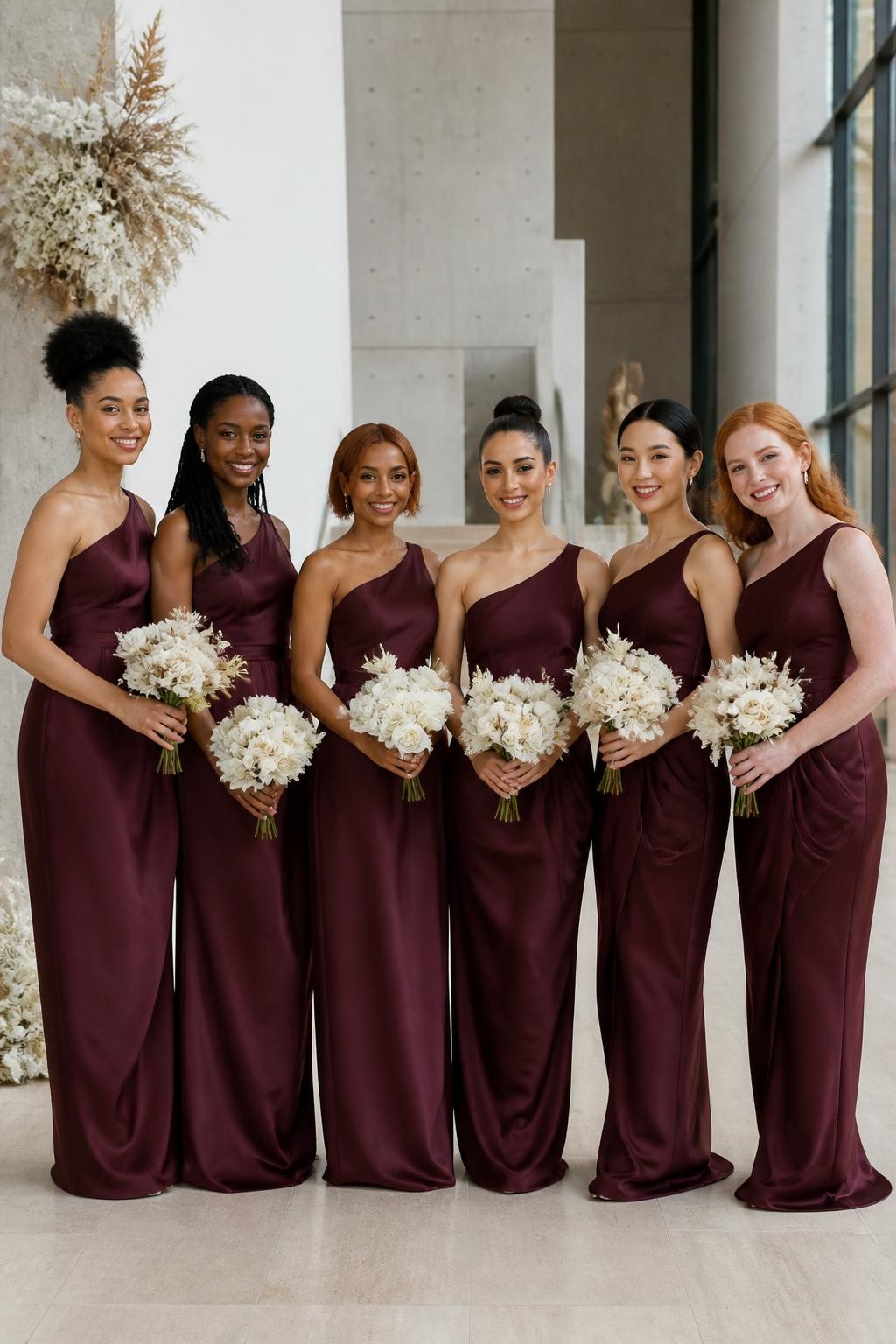 Realistic contemporary wedding photograph of six bridesmaids wearing deep mulberry-maroon matte-satin gowns with asymmetrical necklines, elongated dropped waists, and softly sculpted tulip skirts beginning around the upper hips, women with deep blue-black, dark warm brown, copper, golden olive, East Asian fair, and pale freckled complexions, varied shoulder widths, torso lengths, ages, and body shapes represented naturally, bright confident faces with realistic skin texture and subtle makeup, hairstyles including a high curly puff, long twists, polished side-part bob, sculptural bun, sleek ponytail, and brushed waves, standing inside a modern art museum with pale concrete walls, limestone floors, tall windows, and minimal cream floral installations, directional daylight showing the matte fabric grain, natural skirt creases, precise seams, and relaxed group spacing.