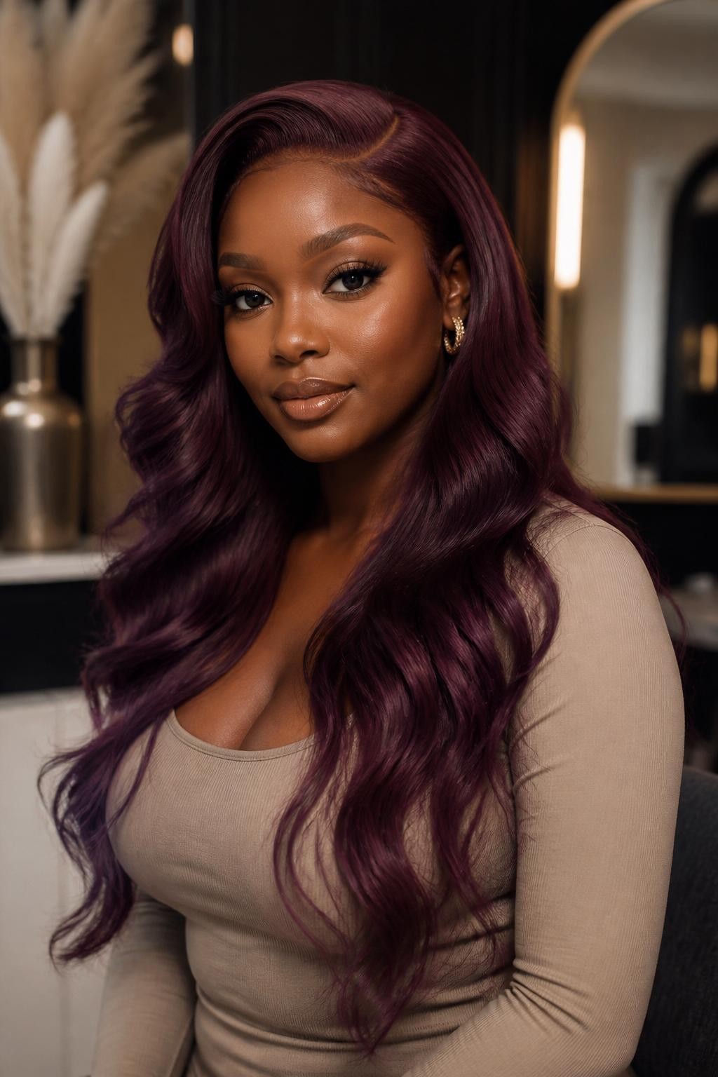Image Prompt: A beautiful woman wearing a long berry plum wig, layered loose waves, rich purple-red hair color with glossy shine, natural-looking hairline, deep brown skin, smooth soft glam makeup, gold earrings, fitted beige top, luxury beauty studio setting, soft warm lighting, realistic editorial portrait, detailed wave texture and berry plum tone, no text, (no watermarks on images)