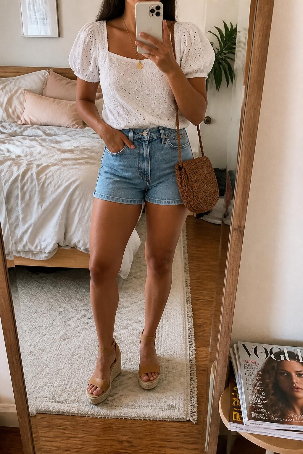 Mirror selfie of a Latina woman wearing a white eyelet puff-sleeve blouse, medium wash high-waisted denim shorts, tan espadrille wedges, gold pendant necklace, and a brown woven mini bag, holding a phone in front of a mirror, cropped at NECK so the face does not show, relaxed casual selfie pose, in a cozy bedroom mirror setup, natural window light, with soft pillows on an unmade bed and a stack of fashion magazines on a side table, latest iPhone photo quality.