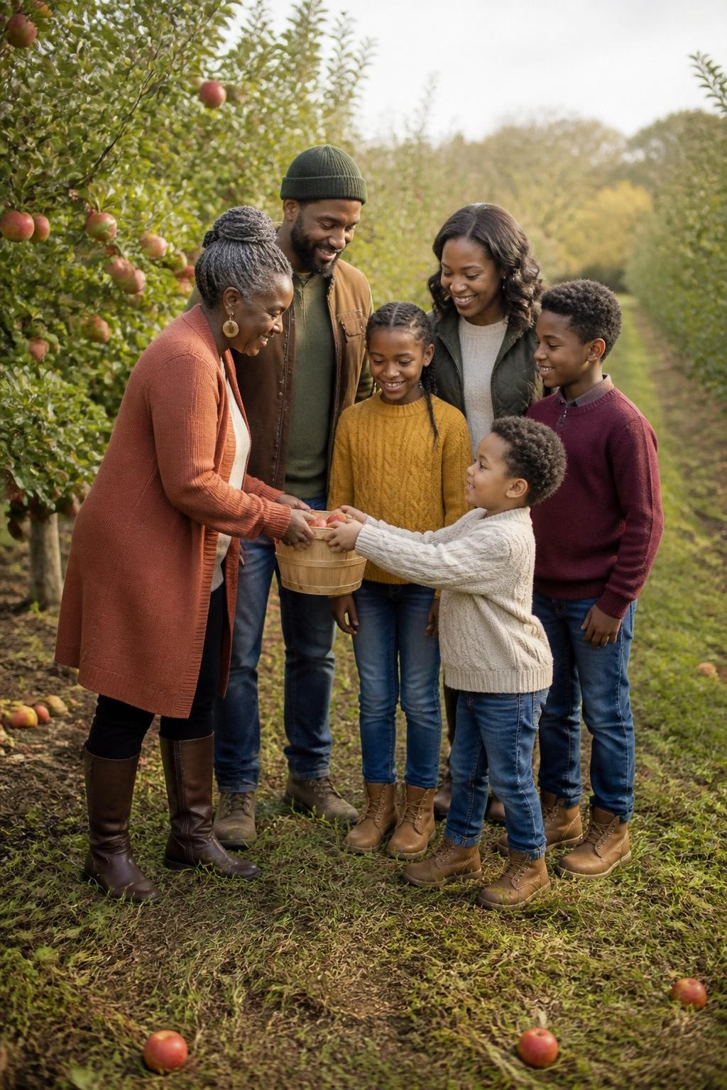 Image Prompt: A cheerful Black family of six in a working apple orchard, two parents, three children, and one grandmother standing between real rows of apple trees, the youngest child passing a small wooden basket with a few red apples toward the grandmother while the other children watch and smile, outfits coordinated in mustard, deep green, burgundy, cream, and denim, the grandmother wearing a long rust cardigan, the parents in practical layered clothing, the children in sweaters and sturdy boots, slightly muddy grass and fallen apples visible on the ground, soft morning sunlight, photographed with a DSLR 50mm lens at a natural standing height, realistic apple sizes, authentic orchard textures, natural hand positions, bright but believable expressions, no overflowing decorative baskets, no spotless farm setting.