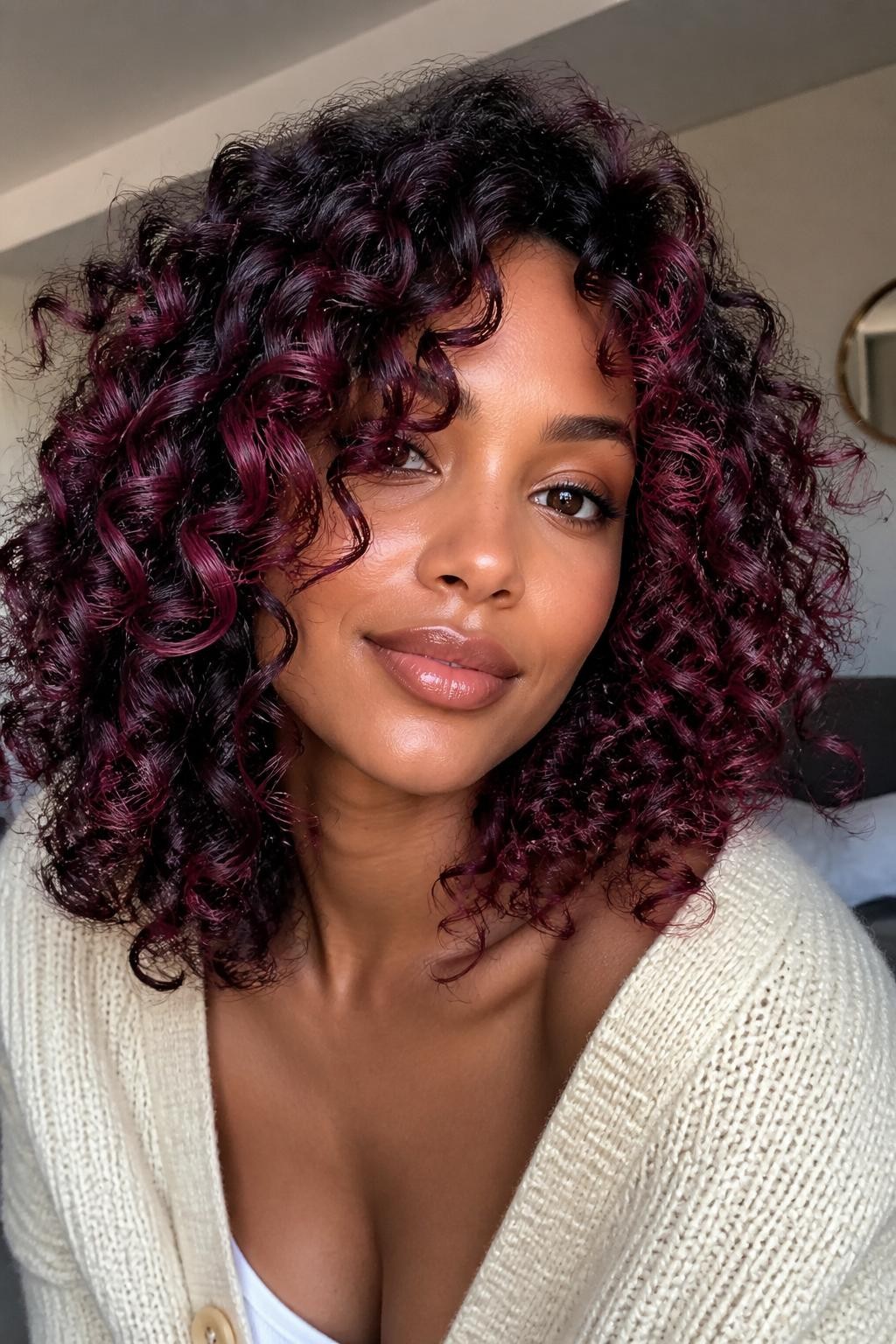 Image Prompt: A beautiful woman with dark brown curly hair and raspberry plum highlights, rich black-brown base with soft raspberry-purple pieces throughout the curls and around the face, defined curl pattern with shine, warm brown skin, natural glowing makeup, glossy nude lips, cream cardigan, soft indoor background with diffused daylight, realistic beauty editorial portrait, close-up detailed hair texture and berry highlight contrast, no text, (no watermarks on images)