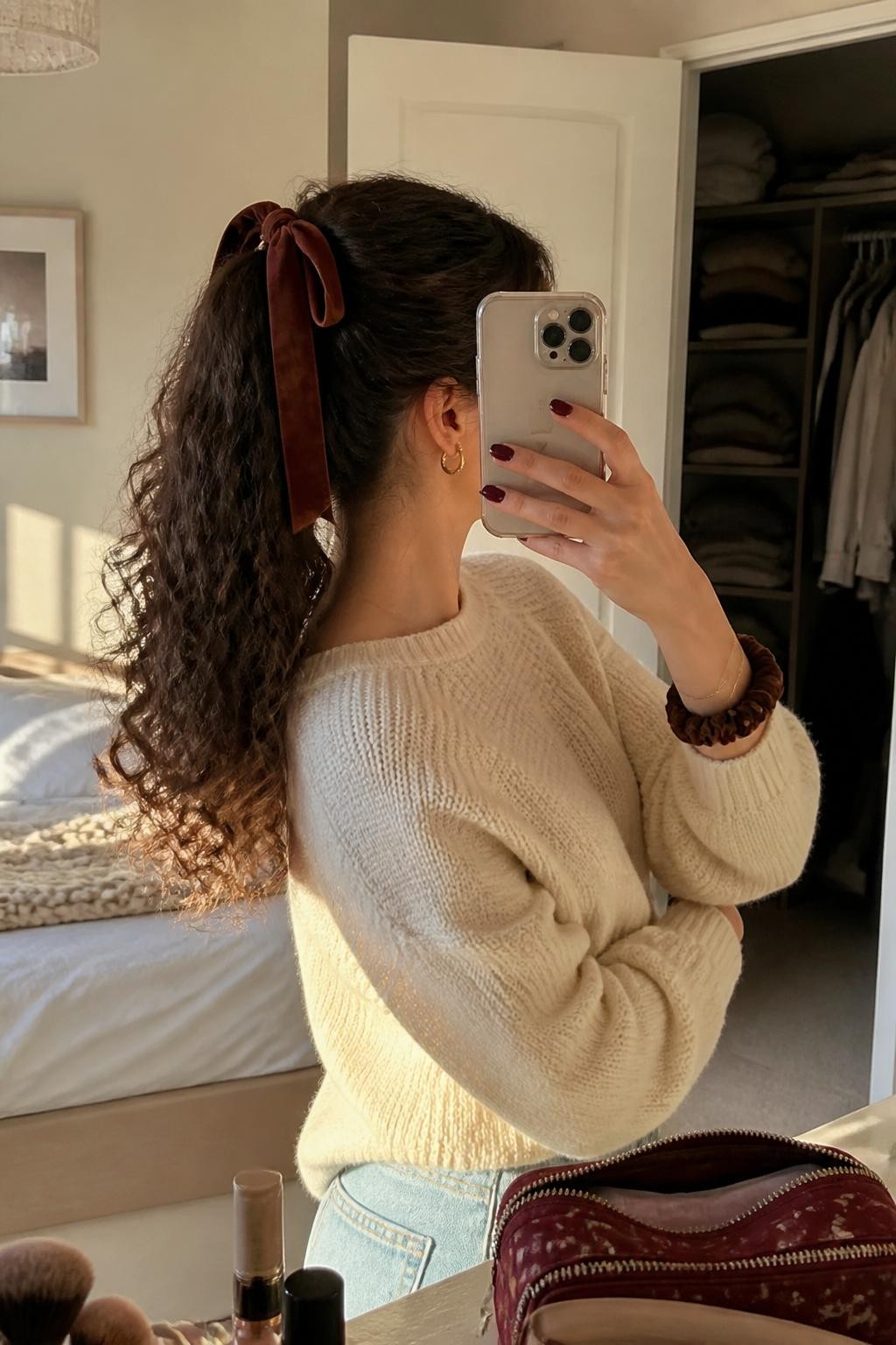 Image prompt: Photo of a woman wearing a full mid-height curly ponytail tied with a cinnamon velvet ribbon bow, candid mirror selfie, sun-drenched bedroom with folded sweaters visible through a slightly open closet, natural window light, containing a makeup bag on the dresser and a scrunchie on her wrist, realistic morning moment, latest iPhone photo quality.