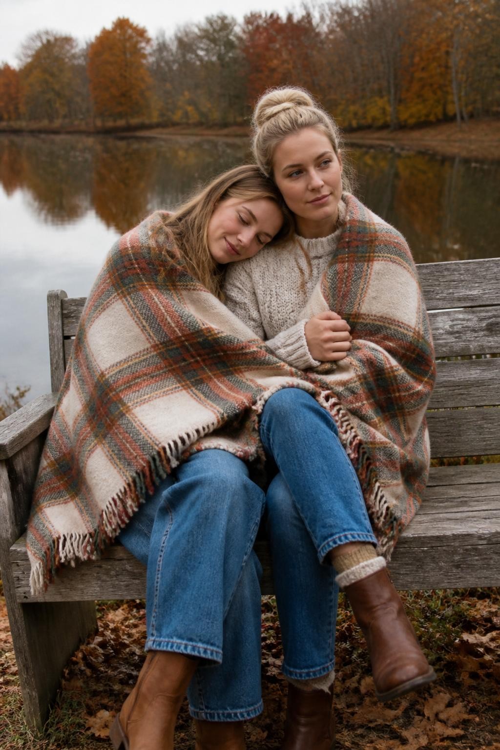 Image Prompt: Two white female best friends sitting closely on a weathered wooden bench beside a calm autumn pond, wrapped together inside one oversized cream, rust, and forest-green plaid wool blanket, one friend leaning her head against the other’s shoulder while the second holds the blanket closed around both of them, wearing soft knit sweaters, relaxed denim, and brown boots, muted orange trees reflected naturally in the water, a few dry leaves gathered beneath the bench, soft cloudy daylight, photographed from a slight side angle with a DSLR 70mm lens, realistic wool texture, natural skin detail, calm expressions, believable lake reflections, no staged picnic basket, no excessive seasonal decorations.