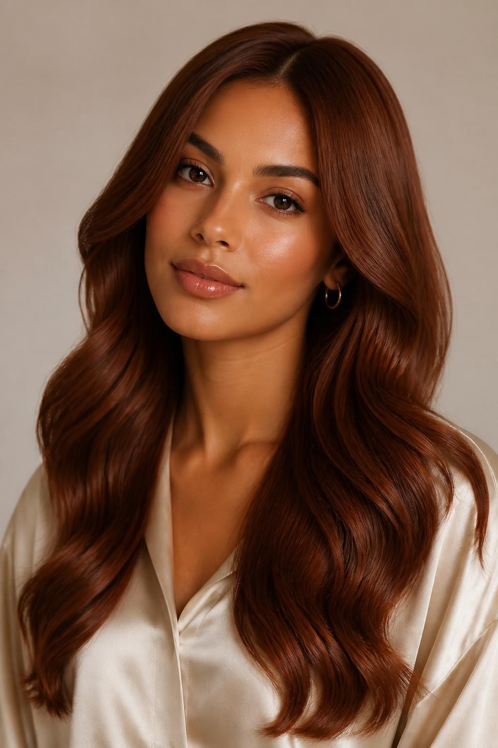 Image Prompt: A beautiful woman with long classic soft auburn hair, warm brown-red shade with subtle copper shine, center part, loose glossy waves, smooth healthy finish, warm medium skin tone, soft natural makeup, glossy nude lips, small gold hoop earrings, cream satin blouse, clean neutral studio background, soft diffused lighting, realistic DSLR beauty editorial portrait, detailed auburn shine and smooth wave texture, no text, (no watermarks on images)
