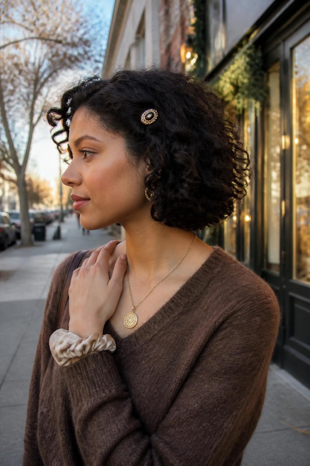 Image prompt: Photo of a woman wearing a rounded curly faux bob with tucked ends, soft side volume, and a small vintage gold clip near one temple, side profile view, softly blurred city street background with warm storefront lights, golden hour glow, containing statement earrings peeking through and a silk scrunchie on her wrist, realistic candid fall photo, latest iPhone photo quality.
