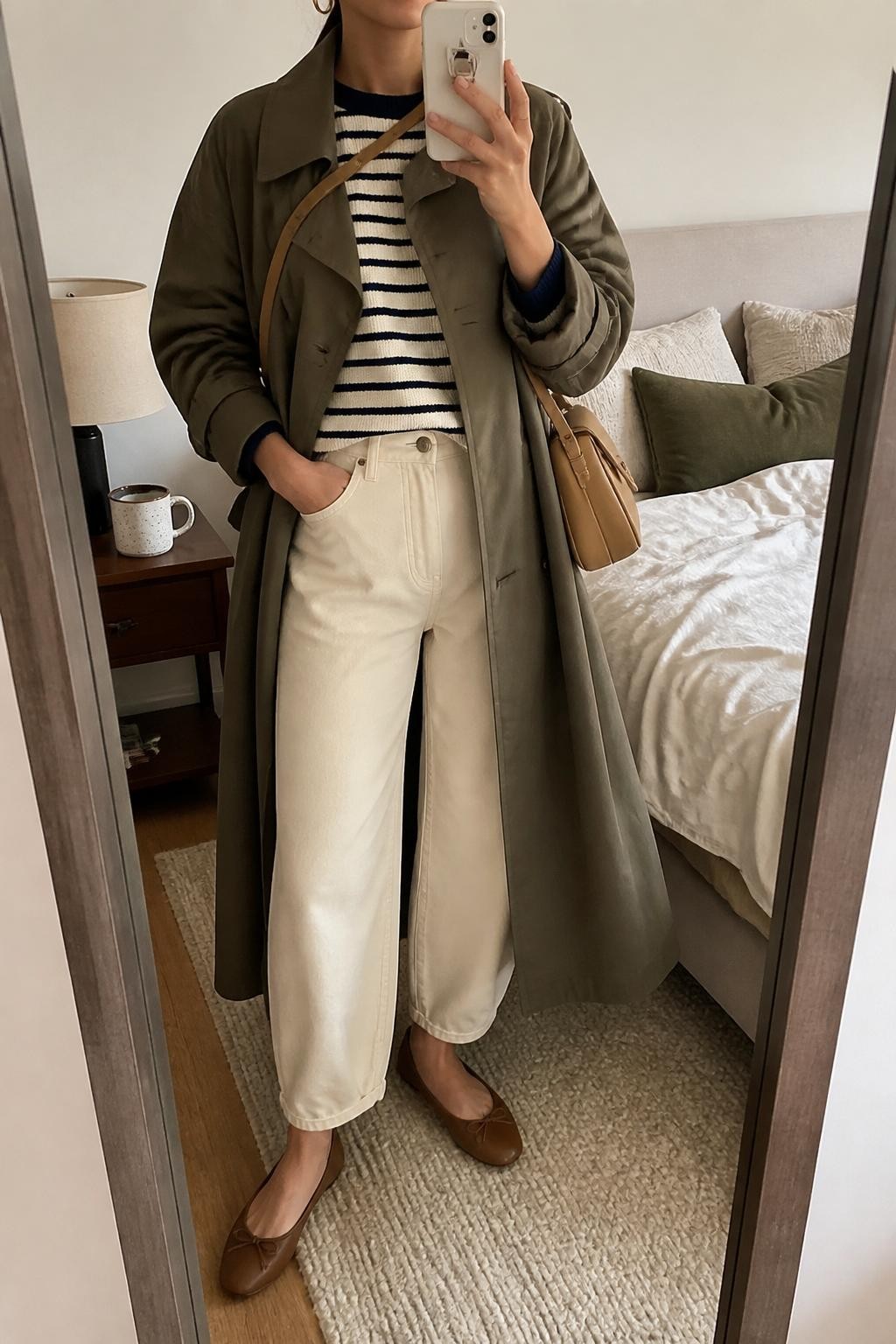 mirror selfie of a woman wearing the exact outfit described above, clearly showing an olive trench coat layered over a navy and cream striped sweater, cream barrel jeans, brown ballet flats, a tan crossbody bag, and gold hoop earrings, holding a phone in front of a mirror, cropped at NECK so the face does not show, with a relaxed casual selfie pose, in a cozy bedroom mirror setup, soft indoor lighting, with a coffee mug on a bedside table and soft pillows on an unmade bed, latest iPhone photo quality.