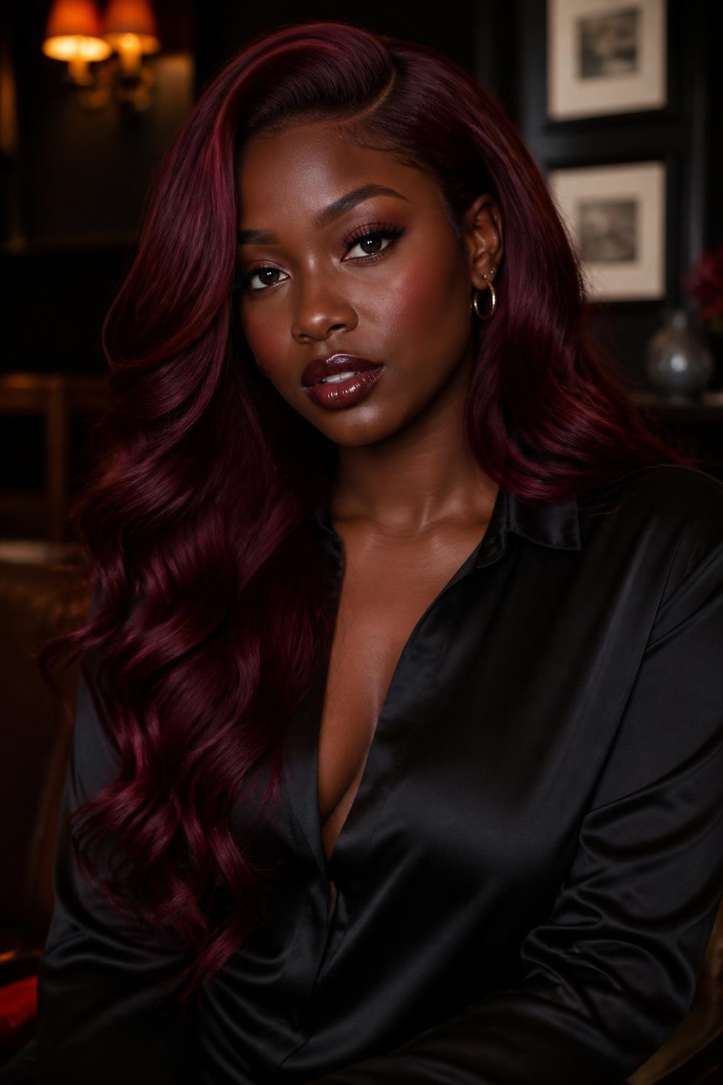 Image Prompt: A beautiful Black woman with long deep burgundy waves, rich wine-red hair color with dark undertones, deep side part, soft loose curls, glowing dark brown skin, berry-toned lip gloss, subtle warm eye makeup, black satin blouse, moody fall indoor background, soft warm lighting, realistic DSLR beauty editorial portrait, detailed hair shine and color depth, no text, (no watermarks on images)