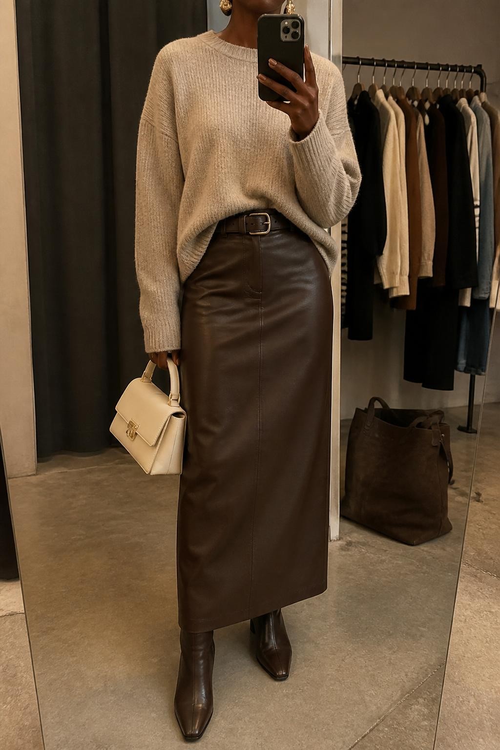 mirror selfie of a Black woman wearing the exact outfit described above, clearly showing an espresso brown leather maxi skirt, oatmeal oversized knit sweater tucked slightly at the front, brown heeled ankle boots, cream top-handle bag, gold drop earrings, and a slim brown leather belt, holding a phone in front of a mirror, cropped at NECK so the face does not show, with a relaxed casual selfie pose, in a fashion studio mirror corner, warm moody lighting, with clothing rack with garments behind and a tote bag resting on the floor, latest iPhone photo quality.
