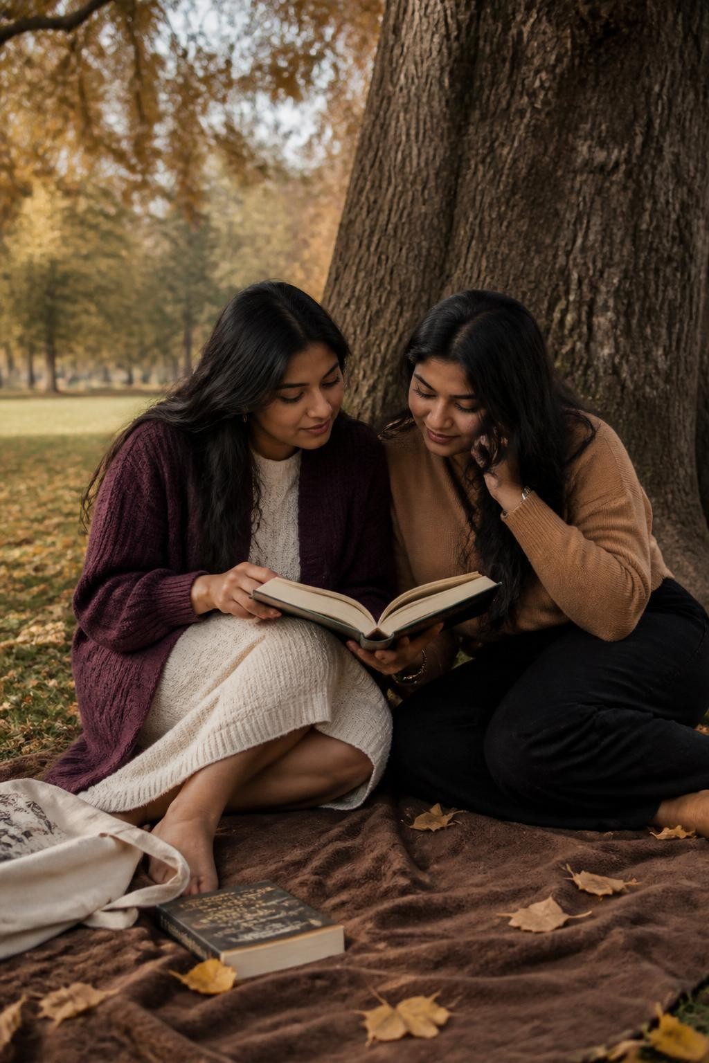 Image Prompt: Two South Asian female best friends sitting on a thick brown blanket beneath a large oak tree, leaning toward the same open hardcover book resting across their laps, one wearing a long plum cardigan over a cream knit dress and the other wearing a camel sweater with dark trousers, a canvas tote and two closed books beside the blanket, dry yellow leaves scattered across the grass, soft filtered afternoon light, photographed from seated eye level with a DSLR 50mm lens, realistic book pages, natural hand positions, detailed skin texture, thoughtful expressions, no luxury picnic display, no decorative book stacks.