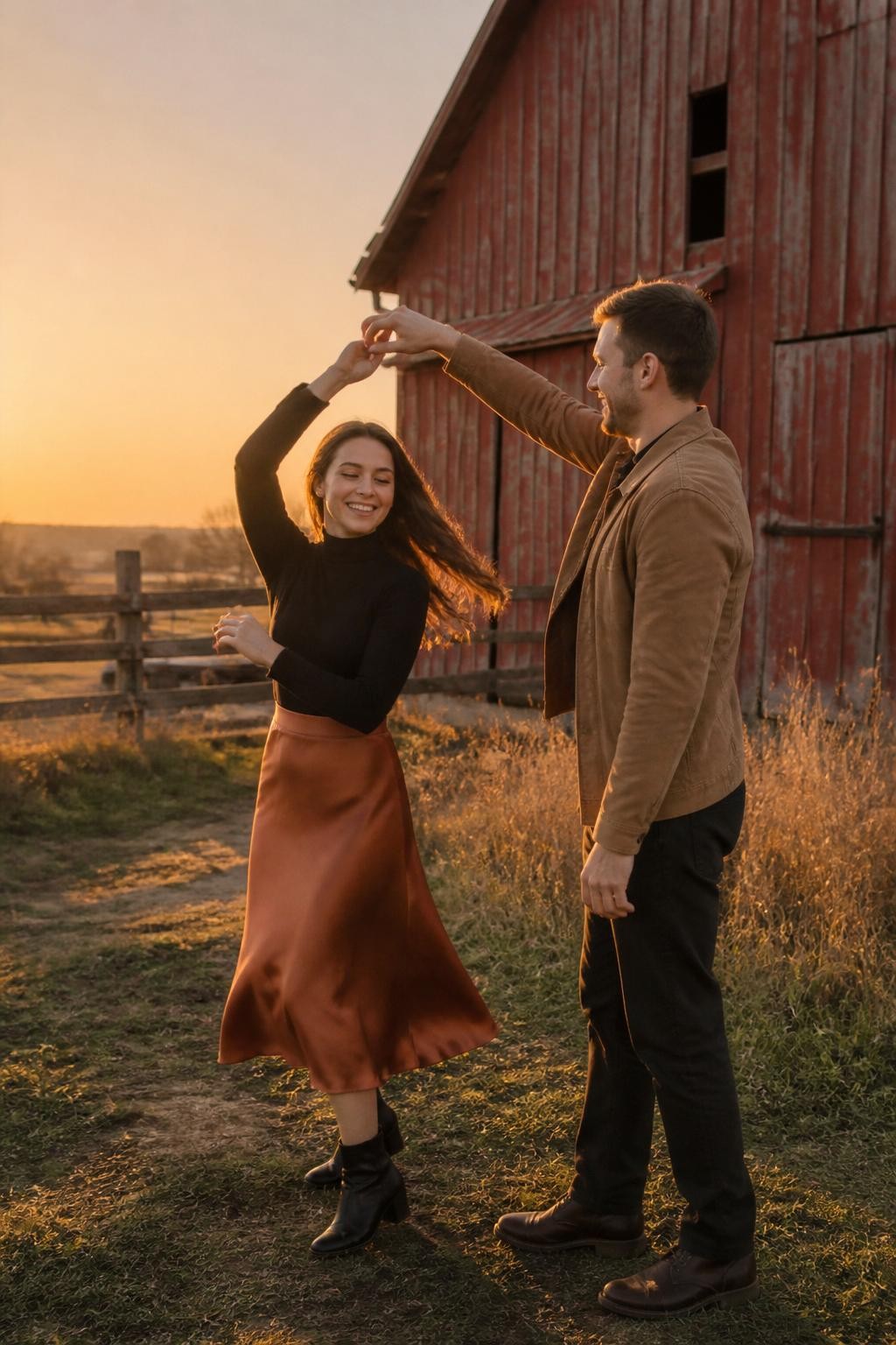 Image Prompt: A romantic couple dancing casually beside a weathered red barn at sunset, the man holding one of the woman’s hands above shoulder height as she turns slowly beneath his arm, her rust satin midi skirt moving around her boots, she wears a fitted black turtleneck, he wears dark trousers with a tan suede jacket, tall dry grass and a wooden fence nearby, photographed from a medium distance with a DSLR 50mm lens, warm low sunlight, realistic turning motion, natural laughter, slightly imperfect barn texture, no formal ballroom posture, no country costume styling.