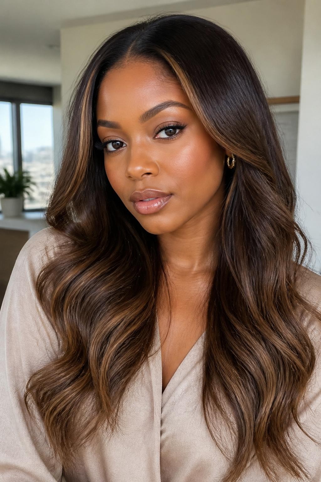 Image Prompt: A beautiful woman with long dark brown hair and light golden brown balayage, dark roots with hand-painted golden brown pieces through the mid-lengths and ends, soft loose waves, medium-deep brown skin, natural glam makeup, glossy lips, gold earrings, beige blouse, modern indoor background, soft window light, realistic beauty editorial portrait, smooth blended color placement, no text, (no watermarks on images)