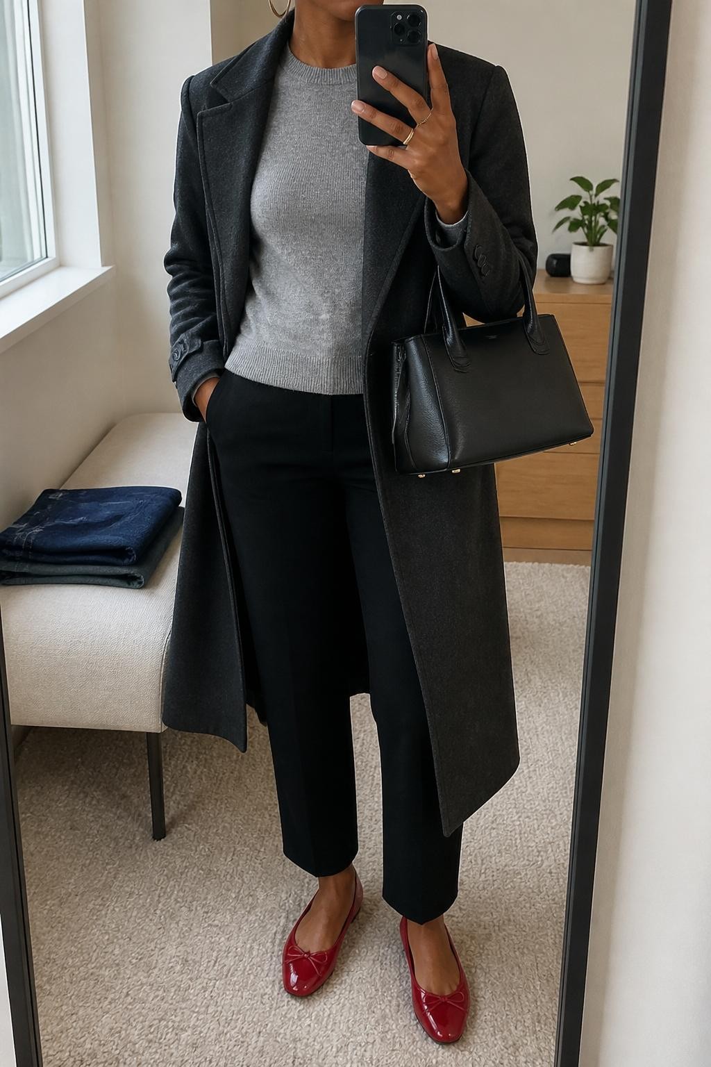 mirror selfie of a Black woman wearing the exact outfit described above, clearly showing a charcoal long coat layered over a soft gray fitted sweater, black cropped straight-leg trousers, red ballet flats, a black leather top-handle bag, and silver hoop earrings, holding a phone in front of a mirror, cropped at NECK so the face does not show, with a relaxed casual selfie pose, in a minimal dressing room, natural window light, with folded denim jeans on a bench and a small plant on a dresser, latest iPhone photo quality.