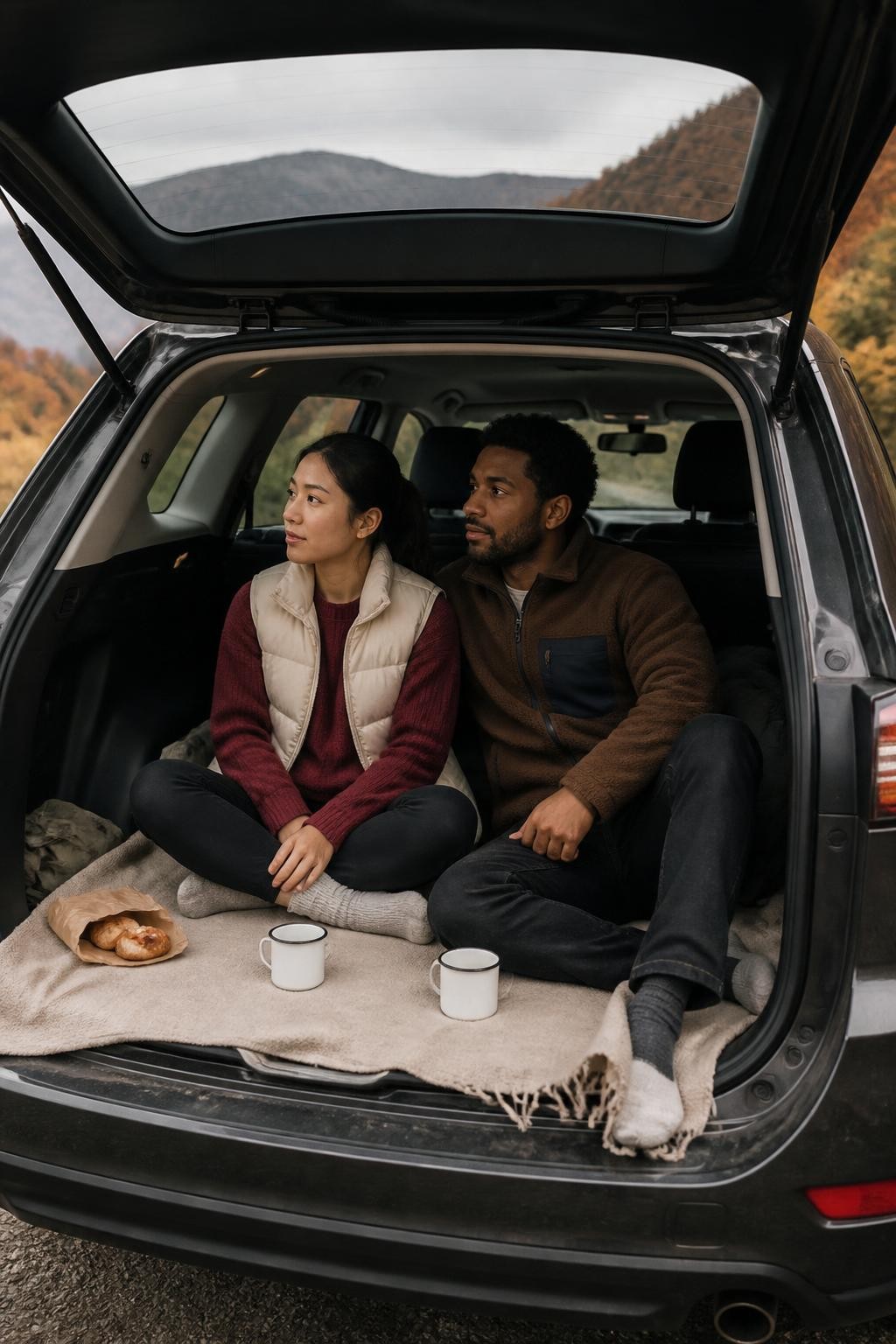 Image Prompt: A young interracial couple sitting inside the open trunk of a clean but lived-in SUV parked at a scenic autumn overlook, a plain wool blanket spread beneath them, two enamel mugs and a small paper bag of pastries nearby, the Asian woman sitting cross-legged in a cream puffer vest and burgundy sweater, the Black man sitting beside her in a brown fleece jacket and dark jeans, both leaning back against the folded seats while looking toward the mountain view, photographed from outside the trunk with a DSLR 35mm lens, soft cloudy daylight, realistic vehicle interior, natural clutter, muted fall mountains, quiet travel photography, no luxury camping setup.