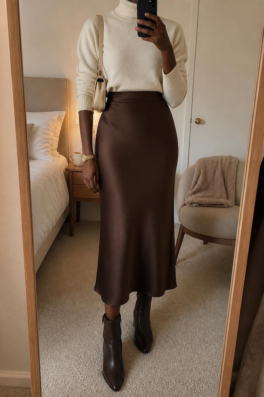 mirror selfie of a Black woman wearing the exact outfit described above, clearly showing an ivory turtleneck sweater tucked into a chocolate brown satin midi skirt, dark brown ankle boots, a cream shoulder bag, and a slim gold watch, holding a phone in front of a mirror, cropped at NECK so the face does not show, with a relaxed casual selfie pose, in a cozy bedroom mirror setup, soft indoor lighting, with a coffee mug on a bedside table and a folded blanket on a chair, latest iPhone photo quality.