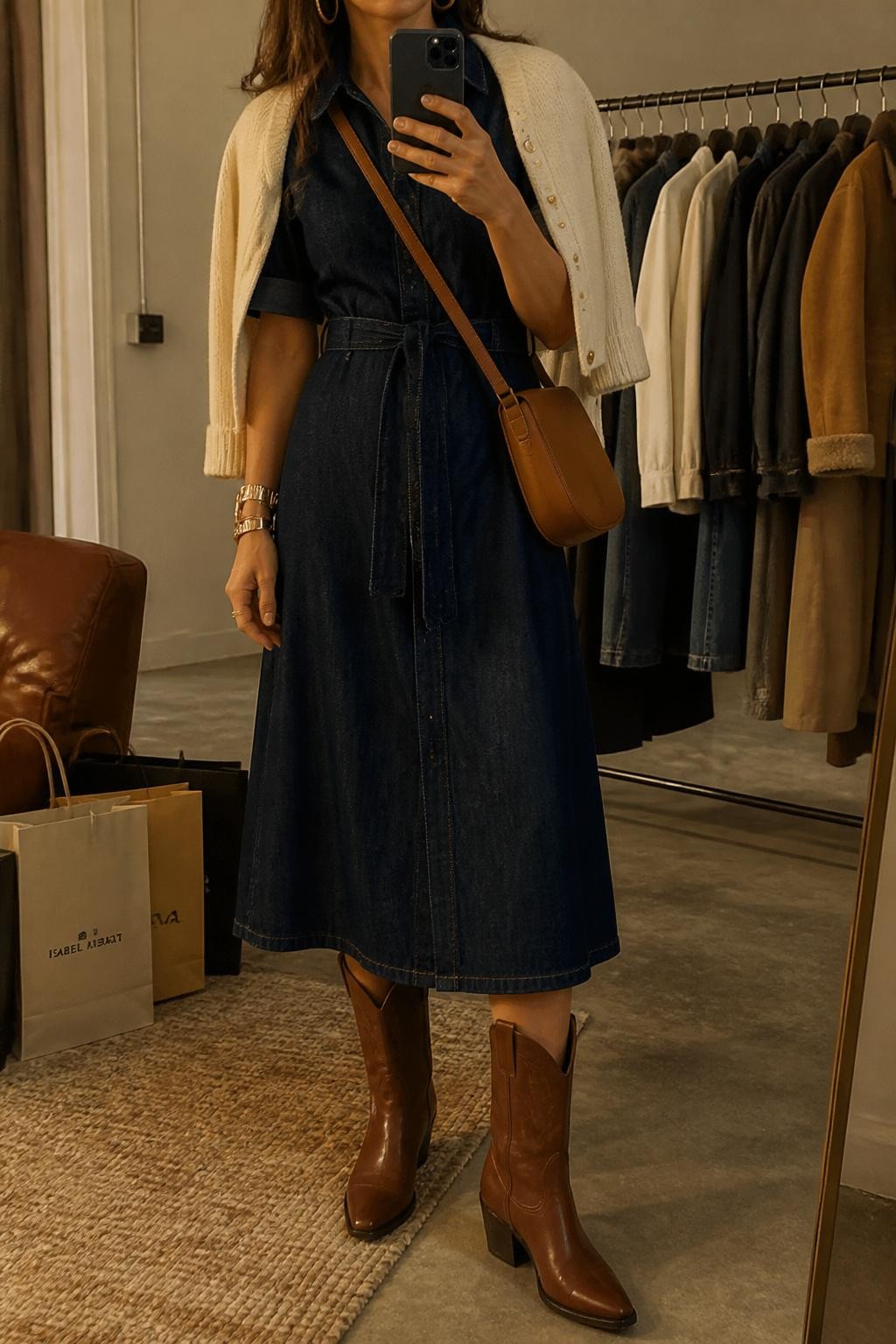 mirror selfie of a woman wearing the exact outfit described above, clearly showing refined brown western boots, a dark denim belted midi dress, a cream cropped cardigan draped over the shoulders, a tan crossbody bag, and gold hoop earrings, holding a phone in front of a mirror, cropped at NECK so the face does not show, with a relaxed casual selfie pose, in a fashion studio mirror corner, warm moody lighting, with a clothing rack with garments behind and shopping bags beside a chair, latest iPhone photo quality.