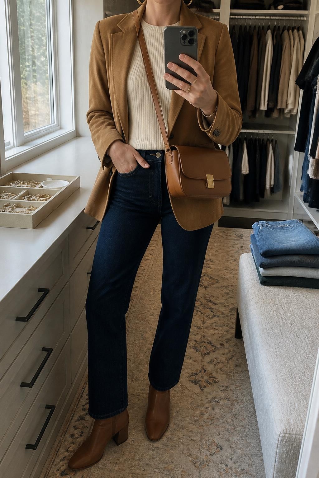 mirror selfie of a woman wearing the exact outfit described above, clearly showing a camel suede blazer layered over a cream ribbed knit top, dark blue straight-leg jeans, brown block-heel ankle boots, a tan leather crossbody bag, and gold hoop earrings, holding a phone in front of a mirror, cropped at NECK so the face does not show, with a relaxed casual selfie pose, in a walk-in closet mirror, natural window light, with a jewelry tray on the vanity and folded denim jeans on a bench, latest iPhone photo quality.