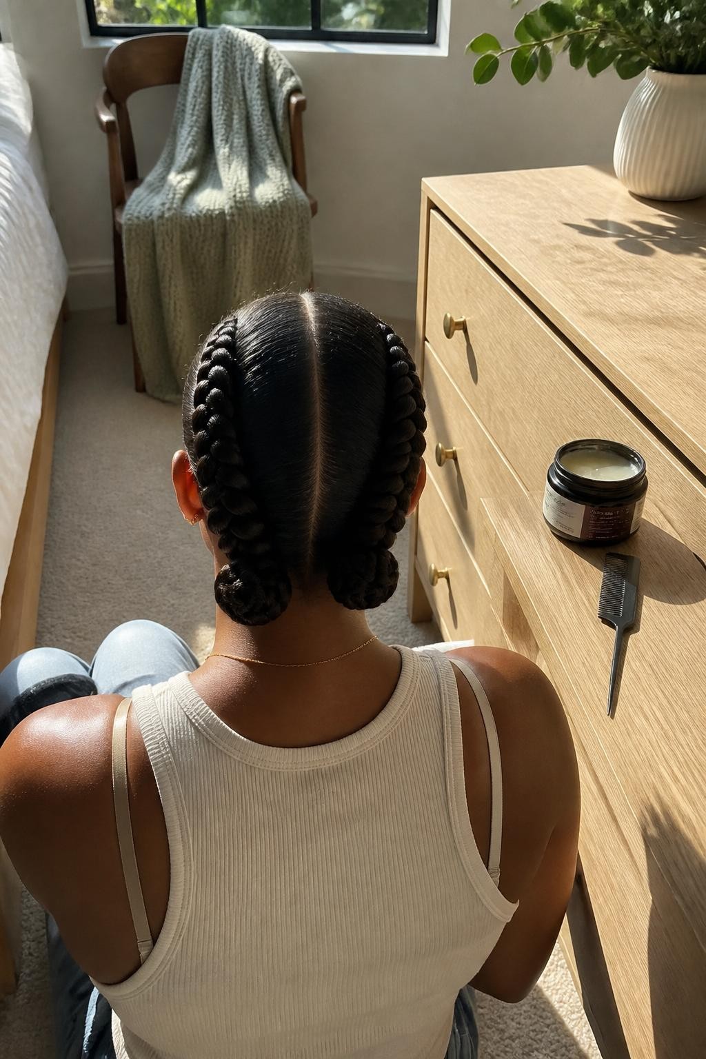 Image prompt: Photo of a Black woman wearing two neat cornrows that finish in matching low braided buns at the nape, back-of-head view to highlight the details, sun-drenched bedroom with a knit scarf resting on a chair, natural window light, containing a rat-tail comb and open jar of styling cream on the dresser, realistic morning styling moment, latest iPhone photo quality.