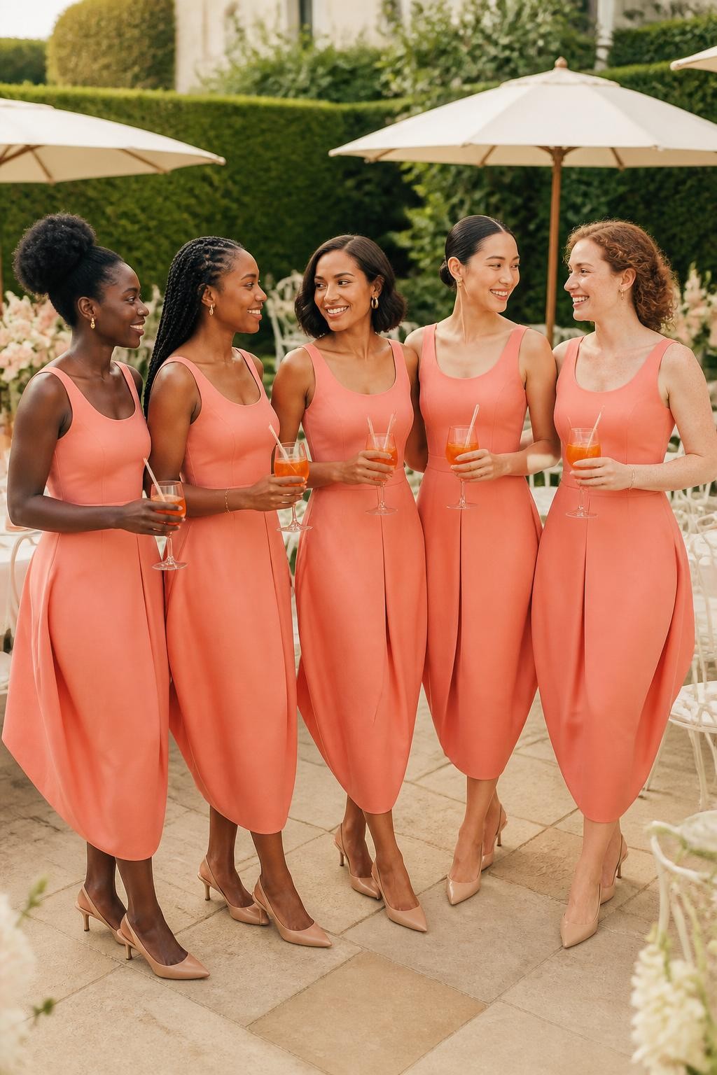 Realistic fashion-forward garden wedding image of five bridesmaids wearing coral-peach midi dresses with clean scoop necklines, elongated fitted bodices, and sculpted tulip skirts that curve outward through the hips before narrowing near the lower calf, women with very deep brown, dark warm brown, medium caramel, East Asian light beige, and fair freckled skin tones, naturally varied heights and body shapes, bright joyful faces with genuine smiles, realistic pores and understated makeup, hairstyles including a sculpted afro puff, long twists, shoulder-length bob, polished bun, and soft curls, standing at a modern garden reception with cream parasols, white bistro chairs, pale flowers, iced drinks, and clipped hedges, clear afternoon light, pointed slingback heels visible, realistic fabric tension through the curved skirts, natural seams, and candid interaction.