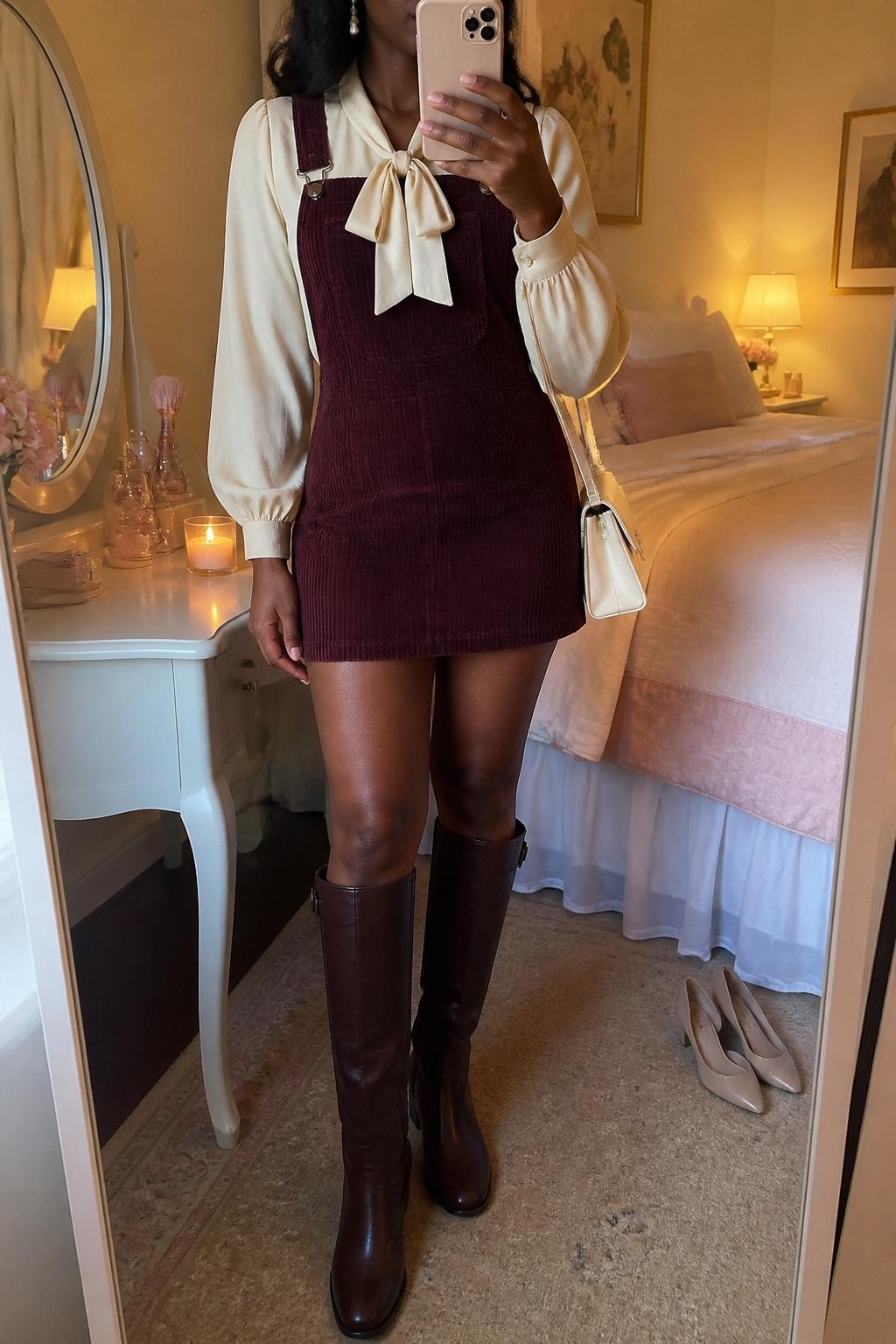 Mirror selfie of a Black woman wearing a burgundy corduroy overall mini dress over a cream long-sleeve blouse with a soft neck bow, clearly showing chocolate brown knee-high boots, a small cream shoulder bag, and pearl drop earrings, holding an iPhone in front of a feminine-themed bedroom mirror, cropped at the neck so the face does not show, relaxed casual selfie pose, evening golden hour lighting, a makeup brush on the vanity and a pair of heels on the floor nearby, natural unstaged setting, latest iPhone photo quality.