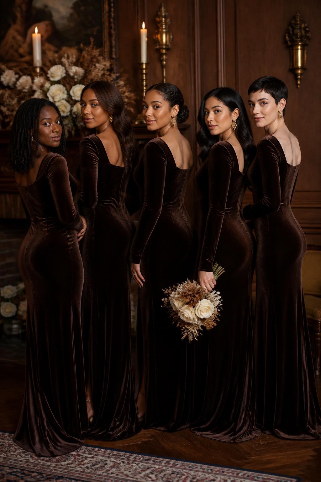 Realistic autumn wedding portrait of five bridesmaids wearing deep espresso brown velvet column gowns with wide square necklines, fitted waists, long sleeves, and subtle back slits, women with very deep brown, warm mahogany, medium golden, olive, and pale rosy skin tones, bright elegant faces with realistic skin texture and softly defined makeup, hairstyles including shoulder-length locs, sculpted curls, a braided low bun, glossy waves, and a short pixie cut, standing inside a historic wood-paneled venue decorated with taper candles, ivory roses, dried foliage, and antique brass details, soft side lighting revealing the velvet pile and natural tonal changes, believable creases around the elbows and waist, refined DSLR editorial photography.