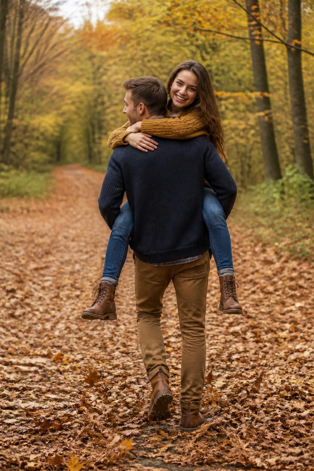 Image Prompt: A playful young couple on a wide autumn trail, the man giving the woman a secure piggyback ride while walking away from the camera, she has both arms comfortably around his shoulders and turns her face back toward the photographer with a bright natural smile, he glances sideways toward her, both wearing layered casual fall clothing in navy, mustard, and brown, dry leaves lifting slightly around their boots, tall trees with mixed green and amber foliage, photographed from behind at waist height with a DSLR 50mm lens, crisp subjects with gentle motion in the leaves, realistic body balance, natural posture, authentic outdoor light, no floating limbs, no exaggerated jump pose.