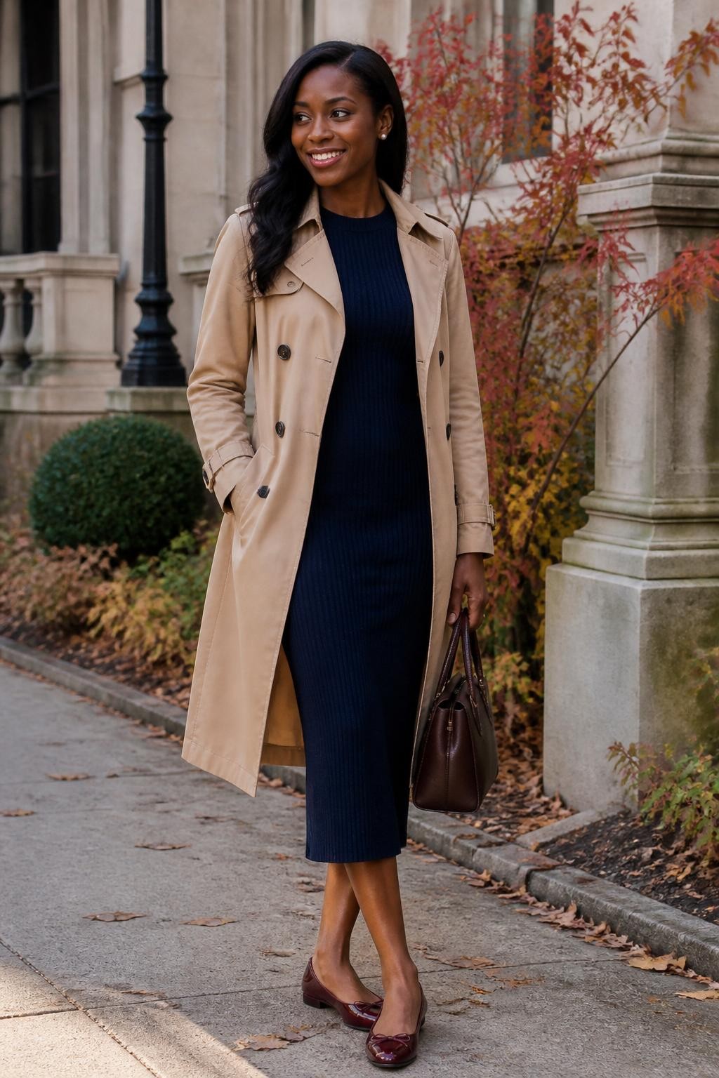 Realistic full-body DSLR fashion photo of a smiling Black woman wearing a tan knee-length trench coat over a navy ribbed knit midi dress, burgundy ballet flats, pearl stud earrings, and a structured brown handbag, standing near a classic stone building with red and gold leaves behind her, soft morning light, exact outfit colors and pieces clearly visible, elegant natural pose.