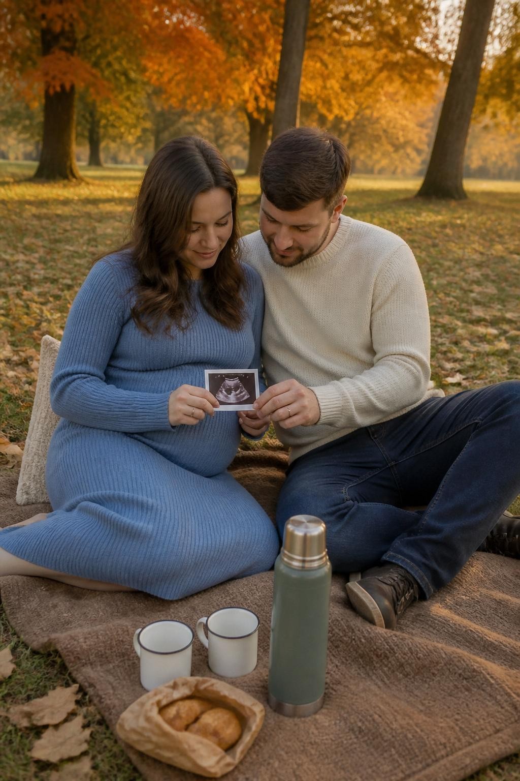 Image Prompt: A pregnant white woman and her partner sitting together on a plain brown wool blanket beneath orange-leaved trees, the woman wearing a dusty blue knit dress and the partner wearing a cream sweater with dark jeans, both holding one sonogram print between them while looking down at it, a thermos, two enamel mugs, and a small paper bag of pastries placed naturally near the blanket edge, the woman’s legs folded comfortably to one side with a cushion supporting her back, uneven grass and scattered leaves visible around them, soft late-afternoon light, photographed with a DSLR 50mm lens from slightly above seated eye level, realistic sonogram size, natural hands, gentle expressions, no crowded luxury picnic setup, no decorative letter board.