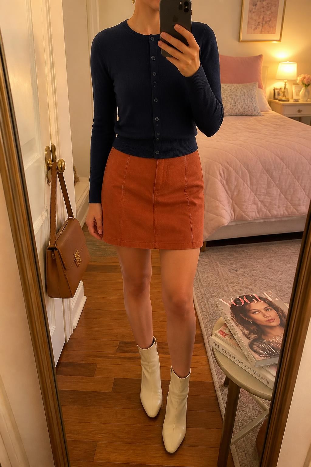 Mirror selfie of a woman wearing a fitted navy button-front cardigan, rust-orange A-line mini skirt in brushed cotton, cream leather ankle boots, structured tan handbag, and small gold stud earrings, clearly showing the exact clothing items, colors, fabrics, and accessories listed, holding a phone in front of a feminine-themed bedroom mirror, cropped at the neck so the face does not show, relaxed casual selfie pose, evening golden-hour lighting, a handbag hanging on a door handle and a stack of fashion magazines on a side table, warm and uncluttered, latest iPhone photo quality.