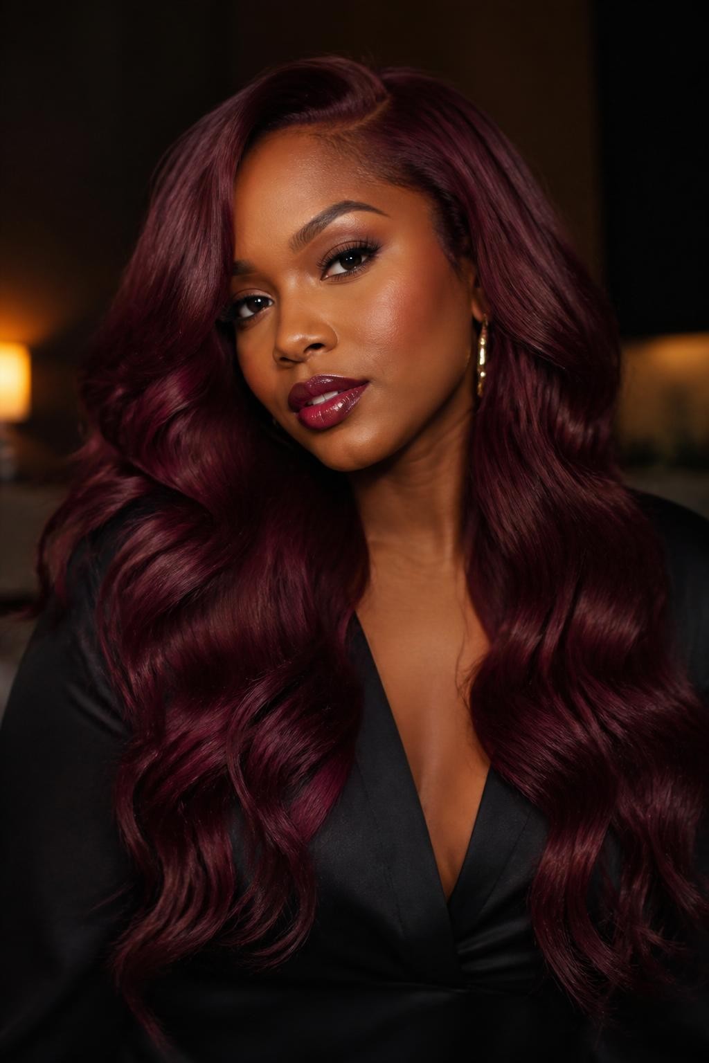 Image Prompt: A gorgeous woman with long dark raspberry waves, deep red-berry hair color with soft plum undertones, side part, loose flowing curls, medium-deep skin tone, warm glam makeup, berry-toned gloss, gold earrings, black satin blouse, moody indoor studio background, warm soft lighting, realistic DSLR beauty portrait, detailed dark raspberry shine and smooth wave movement, no text, (no watermarks on images)