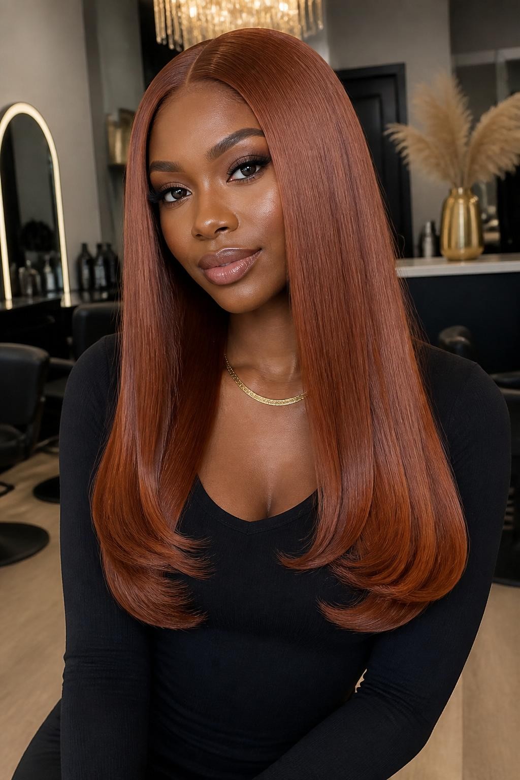 Image Prompt: A stunning Black woman with a long sleek silk press dyed rich copper, center part, silky straight hair with glossy shine, soft curled-under ends, warm deep brown skin, clean soft glam makeup, gold necklace, fitted black top, luxury salon-inspired background, soft even lighting, waist-up editorial beauty photo, realistic DSLR quality, crisp shine and color detail, no text, (no watermarks on images)