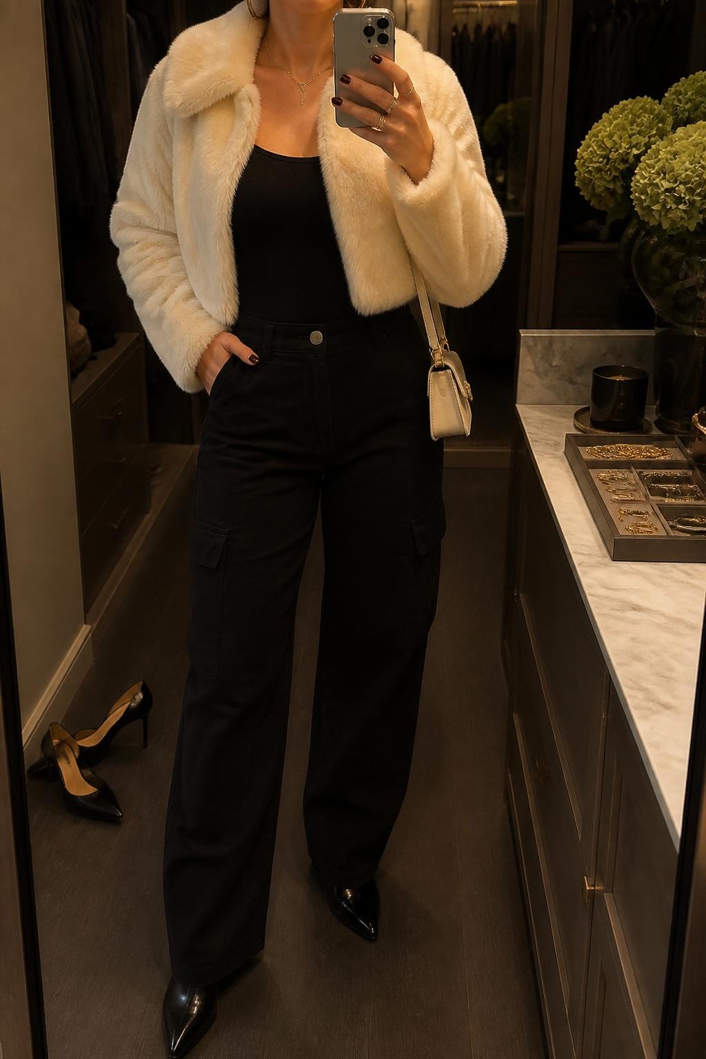 Mirror selfie of a woman wearing a cream cropped faux fur jacket, black fitted bodysuit, black high-waisted cargo pants, black pointed boots, gold hoop earrings, and a small cream shoulder bag, holding a phone in front of a mirror, cropped at NECK so the face does not show, relaxed casual selfie pose, in a walk-in closet mirror, warm moody lighting, with a jewelry tray on the vanity and a pair of heels on the floor nearby, latest iPhone photo quality.