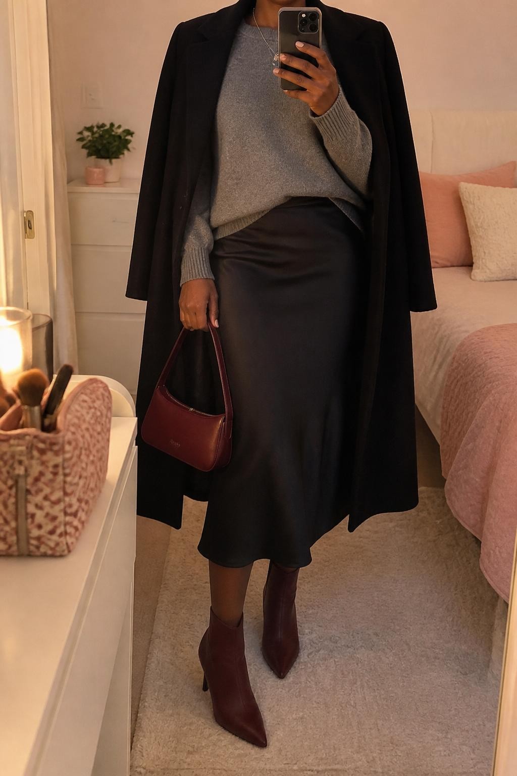 mirror selfie of a Black woman wearing the exact outfit described above, clearly showing burgundy heeled ankle boots, a black satin slip skirt, a soft gray cashmere sweater, a black wool coat draped open, a burgundy mini handbag, and a slim silver necklace, holding a phone in front of a mirror, cropped at NECK so the face does not show, with a relaxed casual selfie pose, in a feminine-themed bedroom, evening golden hour, with a makeup brush or cosmetic bag on the counter and a small plant on a dresser, latest iPhone photo quality.
