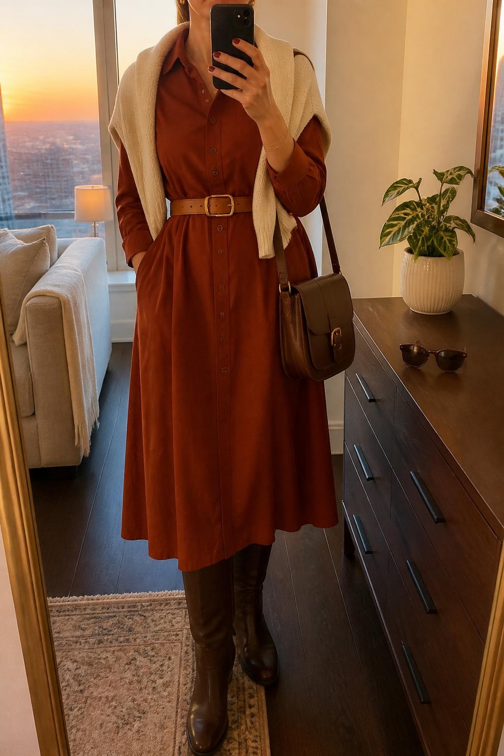 mirror selfie of a woman wearing the exact outfit described above, clearly showing a rust button-front shirt midi dress, dark brown riding boots, a tan waist belt, a cream cardigan draped over the shoulders, a brown leather satchel bag, and small gold stud earrings, holding a phone in front of a mirror, cropped at NECK so the face does not show, with a relaxed casual selfie pose, in a stylish city apartment, evening golden hour, with sunglasses placed on a dresser and a small plant on a dresser, latest iPhone photo quality.