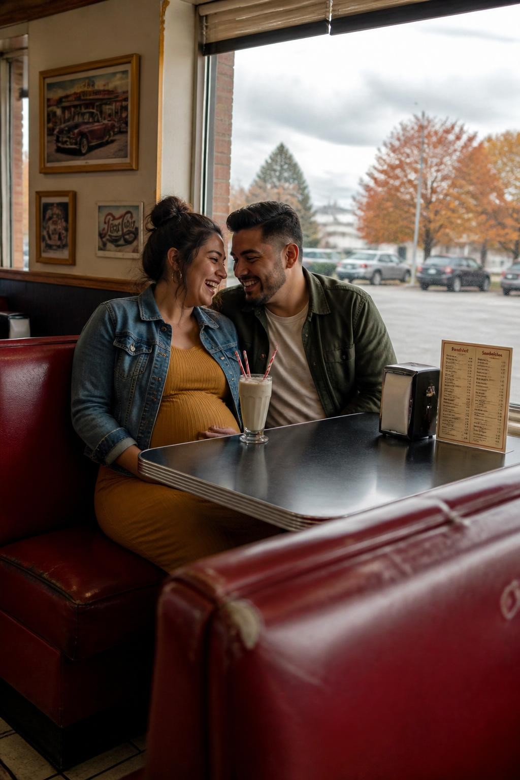 Image Prompt: A pregnant Latina woman and her husband sitting together in a booth inside a small retro roadside diner, the woman wearing a fitted mustard ribbed dress under a cropped denim jacket while her husband wears a dark green overshirt and cream T-shirt, one milkshake with two straws placed between them as they lean closer and laugh, realistic diner table with a napkin holder and simple menu, red vinyl booth showing slight wear, large window revealing a cloudy fall parking lot and orange trees, photographed with a DSLR 35mm lens from the next booth, believable mixed indoor light, natural expressions, detailed fabric texture, no perfect movie-set diner, no oversized food display.