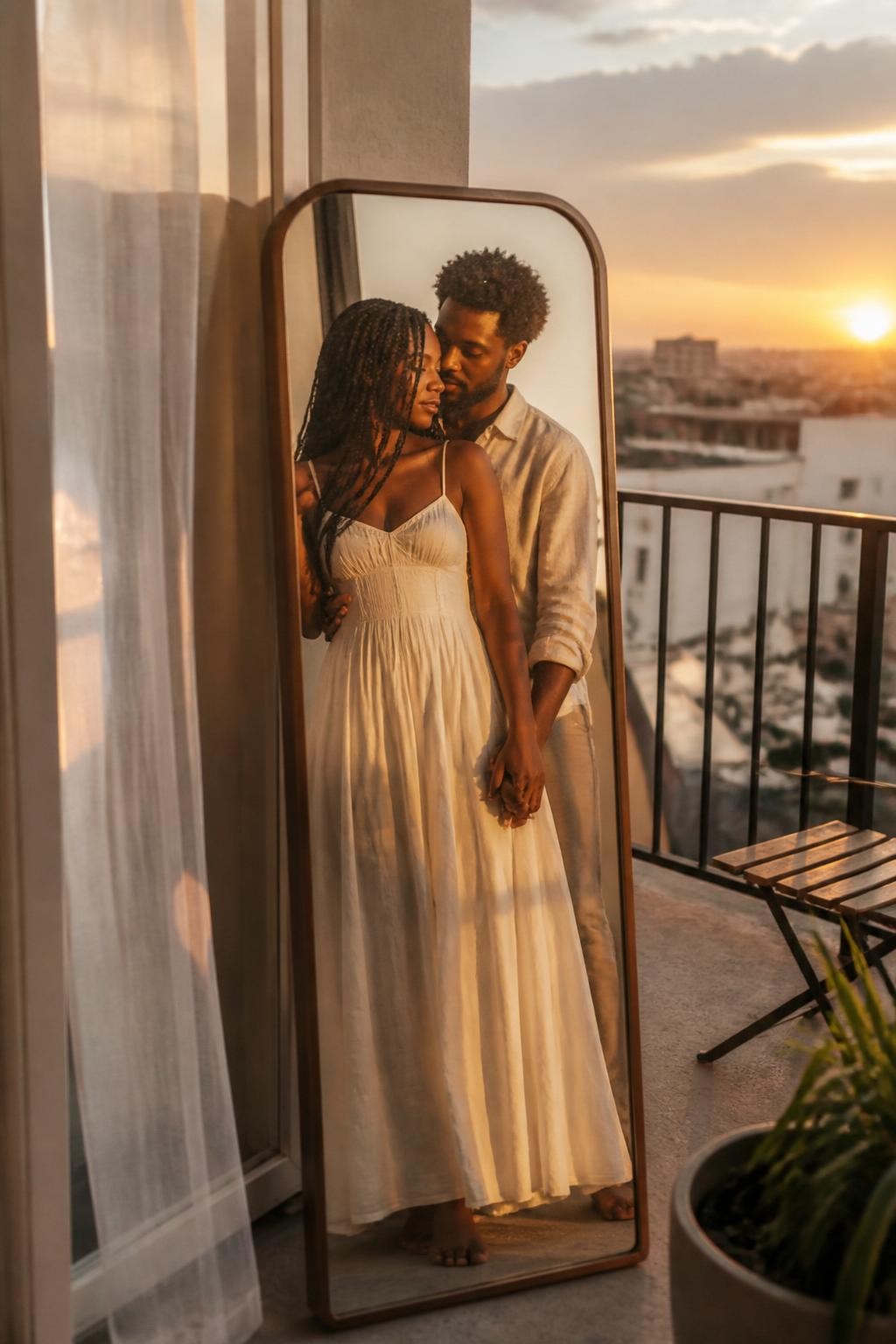 Image prompt: A romantic golden-hour couple photo reflected in a tall mirror placed on a small apartment balcony, featuring an adult Black woman with warm dark skin, braided hair, and a flowing ivory sundress, standing barefoot beside her partner in a light linen shirt, both reflected in the mirror while the real sunset sky glows behind the balcony railing, his hand holding her hand at waist level, her other hand touching the mirror frame, potted plants, a small bistro chair, soft sheer curtain moving from the open doorway, city rooftops in the distance, warm sunlight on their skin, realistic lens softness, tiny mirror smudges, modern romantic outdoor mood, professional DSLR photo.