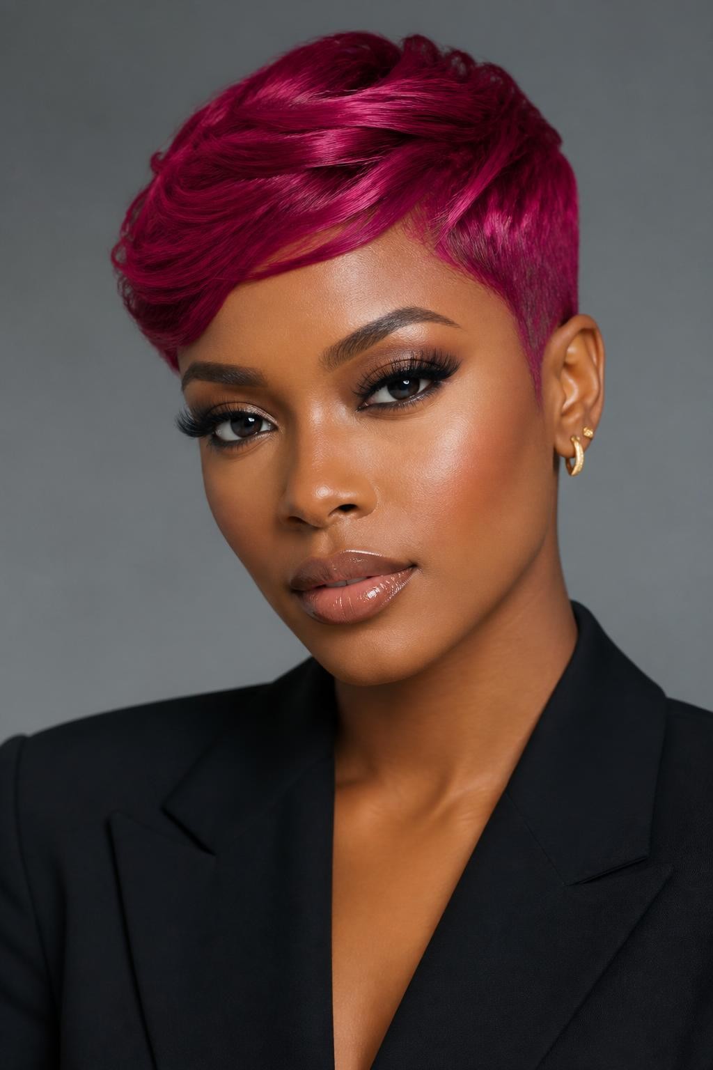 Image Prompt: A chic woman with a short raspberry pixie cut, neatly shaped sides, soft swoop at the front, vivid berry-red pink hair color with smooth shine, deep brown skin, defined lashes, glossy nude lip, small gold earrings, tailored black blazer, clean studio background, sharp beauty editorial photography, realistic DSLR image, no text, (no watermarks on images)