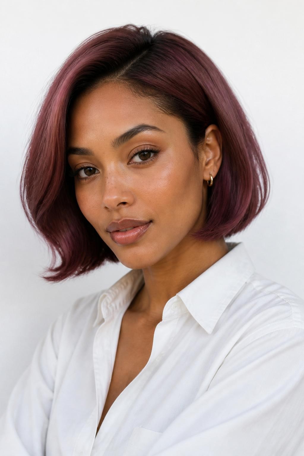 Image Prompt: A pretty woman with a chin-length bob dyed soft mauve berry plum, smooth rounded bob shape with a soft bend at the ends, muted purple-berry hair color with glossy shine, medium-brown skin, fresh natural makeup, glossy lips, small gold earrings, white button-up shirt, bright clean studio background, soft flattering lighting, realistic beauty editorial photography, detailed bob shape and soft berry shine, no text, (no watermarks on images)