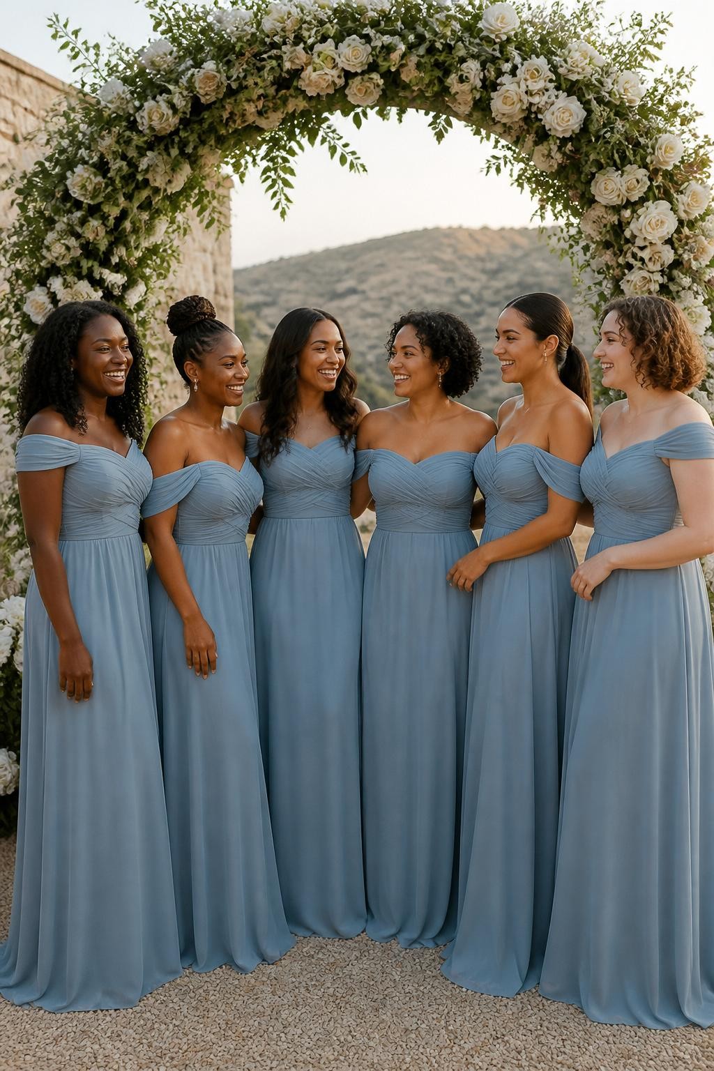 Realistic vineyard wedding photograph of six bridesmaids wearing dusty blue off-shoulder gowns made from fine stretch mesh layered over opaque lining, softly ruched across the bodices and waists with flowing floor-length skirts, women with deep ebony, rich brown, medium brown, golden tan, olive, and fair skin tones, varied ages and body shapes, bright joyful faces with realistic skin texture, hairstyles including shoulder-length coils, a wrapped braided bun, long waves, a short curly bob, sleek ponytail, and natural curls, standing beneath an outdoor floral arch surrounded by white roses, green vines, pale stone walls, and warm sunset light, believable mesh texture, subtle gathering, natural shadows, and relaxed posing, human DSLR photo-realistic style.