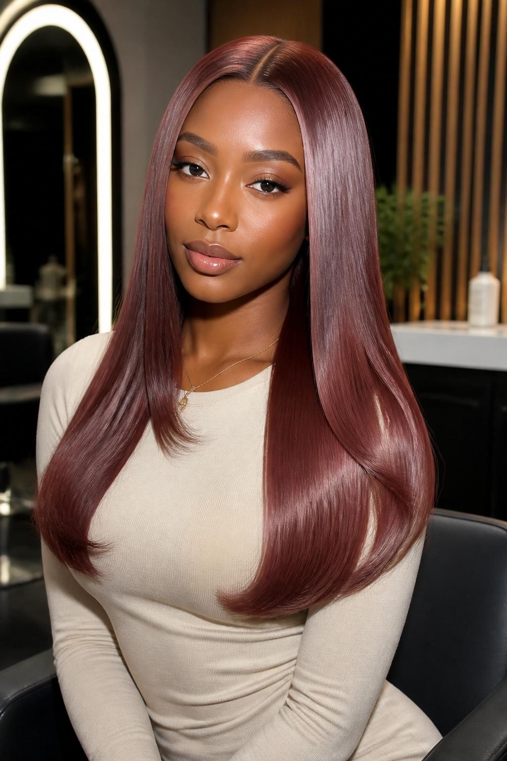 Image Prompt: A stunning woman with a long sleek silk press dyed glossy rose brown, center part, silky straight strands with smooth shine, softly curled-under ends, medium-deep brown skin, clean soft glam makeup, glossy nude lips, small gold necklace, fitted cream top, luxury salon-inspired background, soft even lighting, waist-up beauty portrait, realistic DSLR quality, detailed straight hair shine and muted rose brown color, no text, (no watermarks on images)