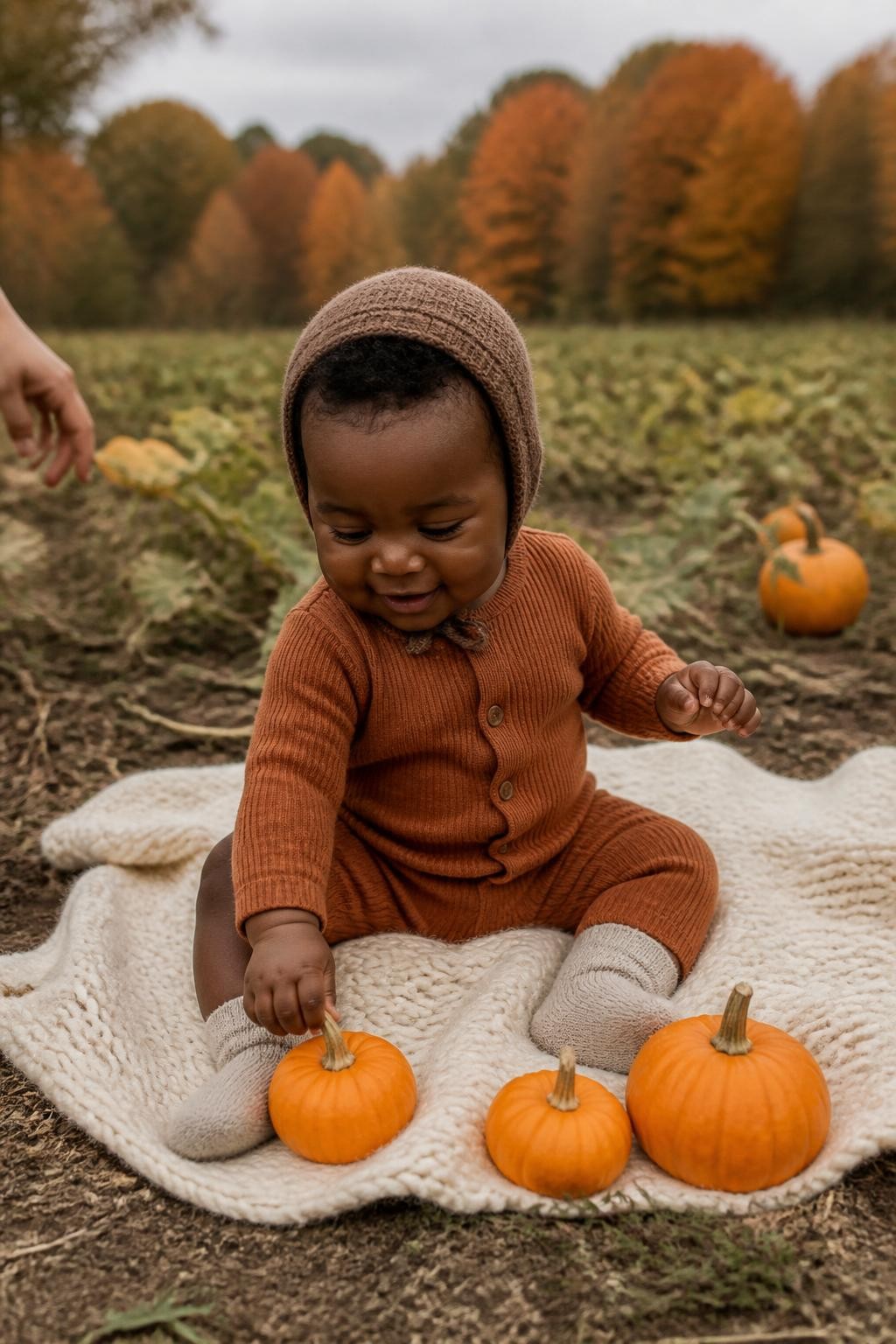 Image Prompt: A happy Black baby around nine months old sitting steadily on a thick cream blanket at the edge of a real pumpkin patch, wearing a soft rust-colored knit romper, warm oatmeal socks, and a small brown bonnet, three miniature pumpkins placed loosely beside the baby rather than surrounding the body, one tiny pumpkin resting within easy reach as the baby touches its stem, natural pumpkin vines, uneven soil, and soft orange trees in the background, one parent’s hand just outside the frame for safety, photographed at the baby’s eye level with a full-frame DSLR and 50mm lens, soft cloudy morning light, detailed dark skin texture, realistic baby proportions, natural clothing folds, slightly messy ground, genuine curious expression, no baby inside a pumpkin, no unsupported posing, no oversized harvest display.