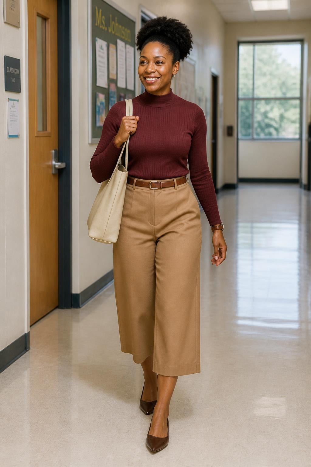 Realistic full-body DSLR fashion photo of a Black female teacher wearing a maroon fitted mock-neck sweater, camel high-waisted culottes, dark brown pointed flats, a slim brown belt, and a cream leather tote, standing in a school hallway beside classroom doors and simple noticeboards, natural window light, exact outfit colors and clothing pieces visible, confident walking pose and friendly expression.