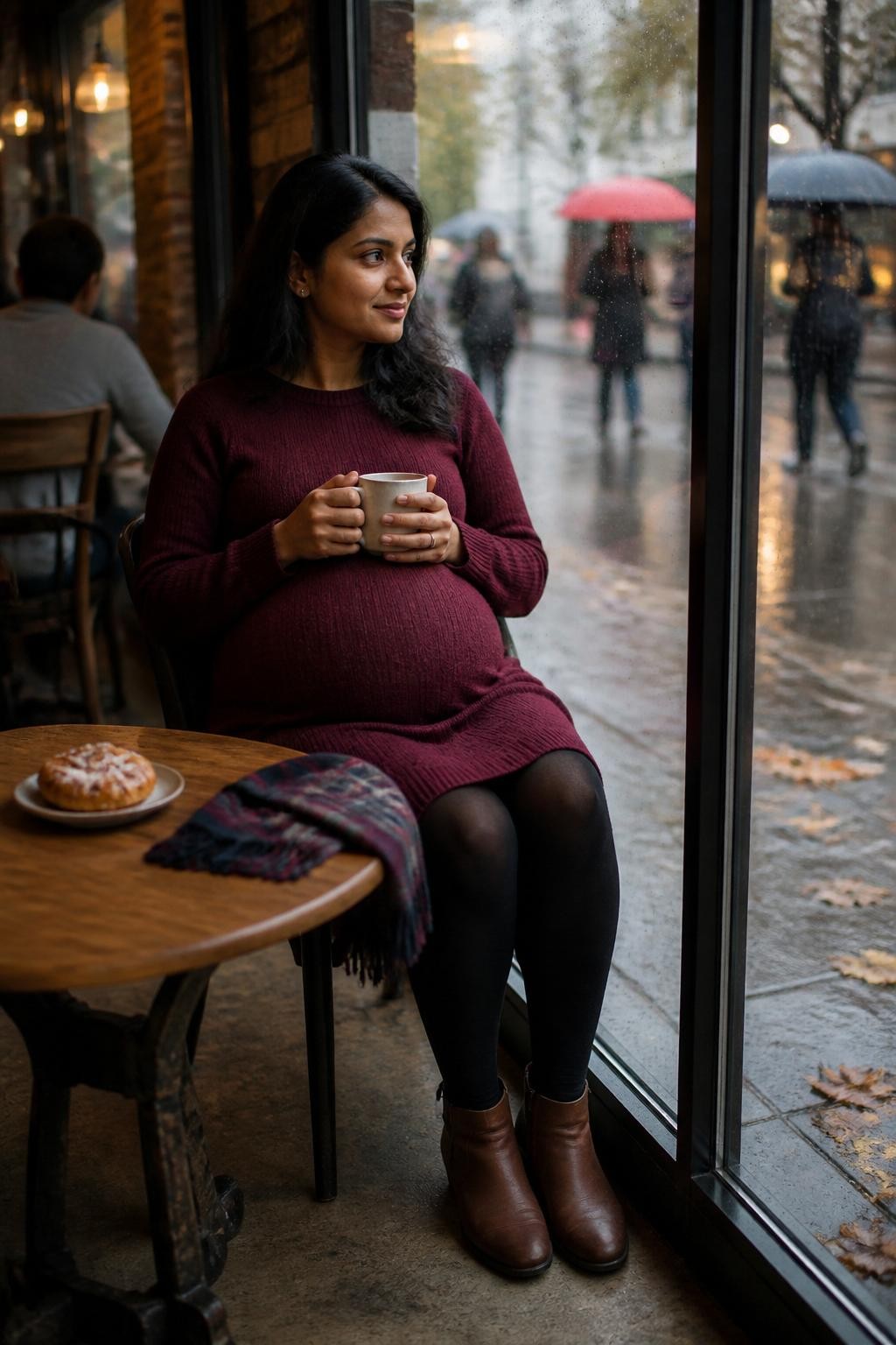 Image Prompt: A pregnant South Asian woman sitting beside a large café window on a rainy fall afternoon, wearing a plum maternity sweater dress, black tights, and brown ankle boots, both hands wrapped around a ceramic mug resting above her belly, her body turned slightly toward the glass as she watches the rain, warm pendant lights reflected in the window, wet pavement, blurred umbrellas, and fallen leaves outside, a simple wooden table with one pastry plate and folded scarf, photographed from a nearby seat using a DSLR 50mm lens, realistic indoor grain, natural window reflections, believable public café setting, soft thoughtful expression, no empty staged café, no heavy fake rain.