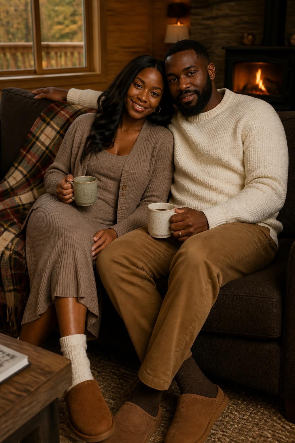 Cozy indoor fall couples photoshoot of a Black woman wearing a taupe ribbed sweater set with a fitted cardigan and matching knit midi skirt, cream socks, brown suede slippers, and small gold hoops, sitting beside her partner wearing a cream knit sweater, camel chinos, brown socks, and suede house shoes, inside a cozy cabin living room with a plaid blanket and mugs on a wooden table, warm moody lighting, DSLR photo quality, intimate relaxed pose, beautiful faces visible.
