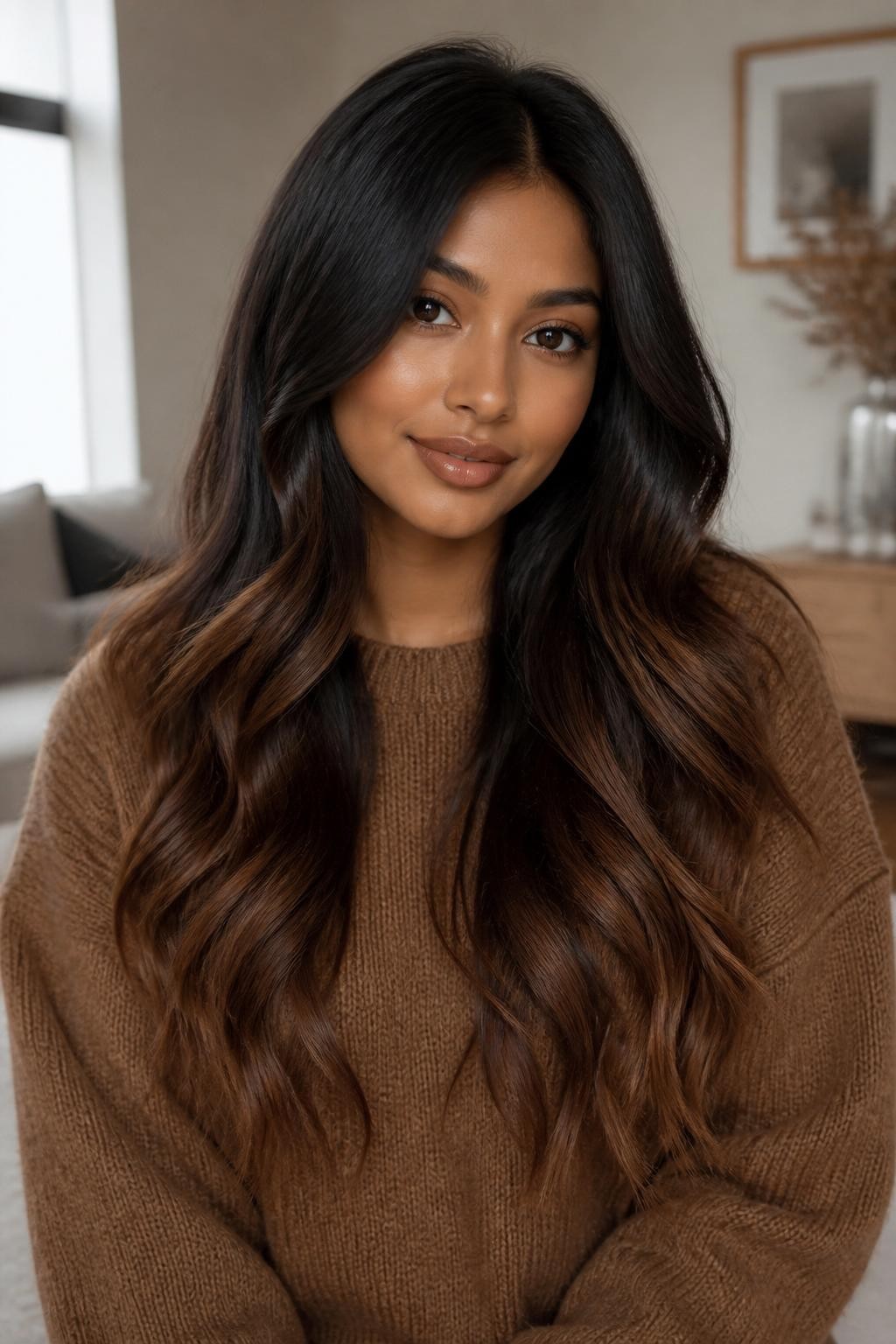 Image Prompt: A beautiful woman with long dark brown hair fading into brownie batter ombre ends, glossy espresso roots and mid-lengths blending into soft chocolate brown tips, loose waves, warm brown skin, natural glam makeup, nude gloss, camel sweater, cozy indoor background, soft natural window light, realistic DSLR beauty editorial photo, smooth brown-on-brown color transition, no text, (no watermarks on images)