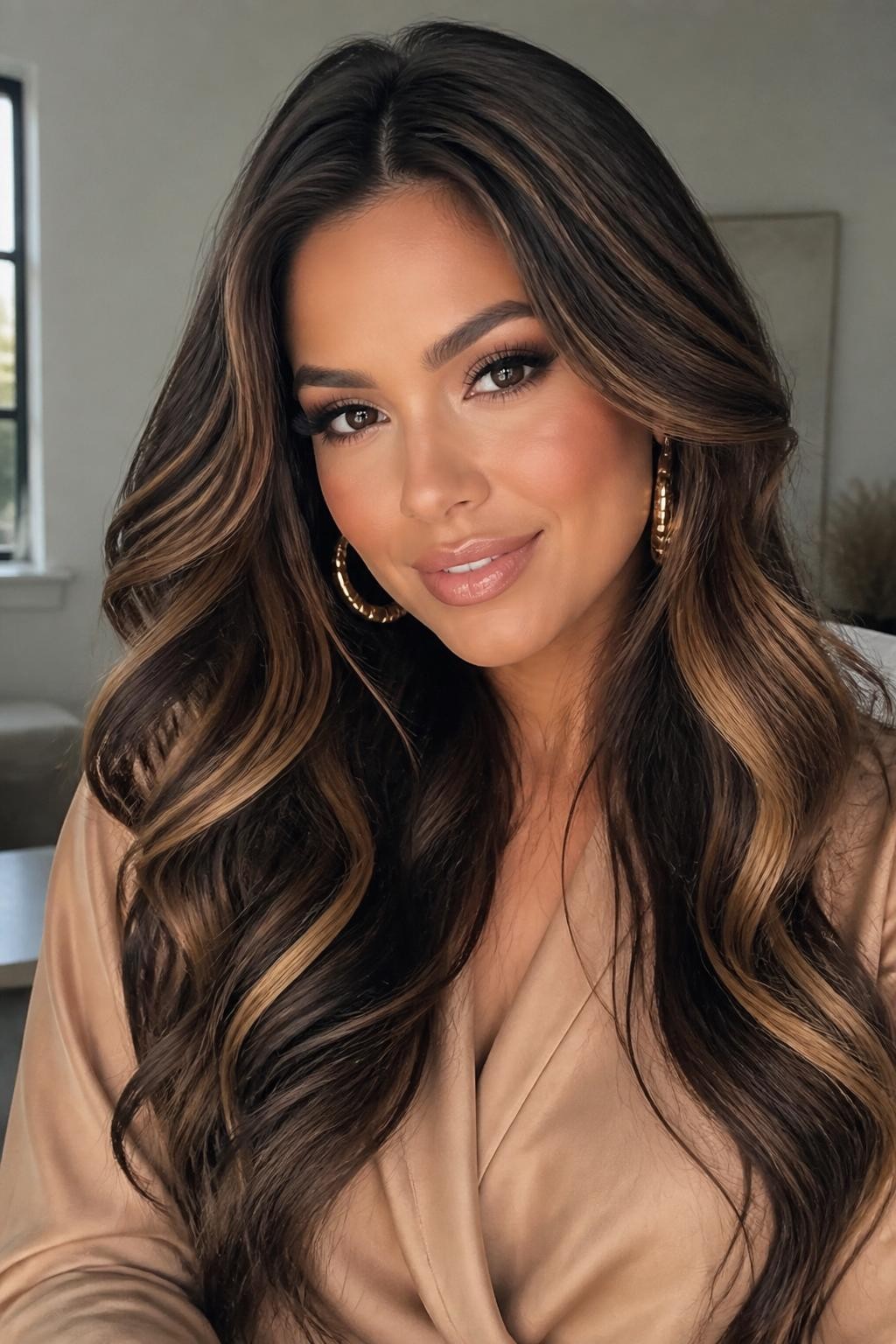 Image Prompt: A beautiful woman with long dark brownie batter hair and soft caramel ribbons, deep chocolate brown base with thin warm caramel pieces placed through the lower layers and around the face, loose glossy waves, warm medium skin tone, bronzed makeup, nude gloss, gold earrings, tan blouse, clean indoor background, soft window light, realistic beauty editorial portrait, detailed caramel ribbon contrast and brunette shine, no text, (no watermarks on images)