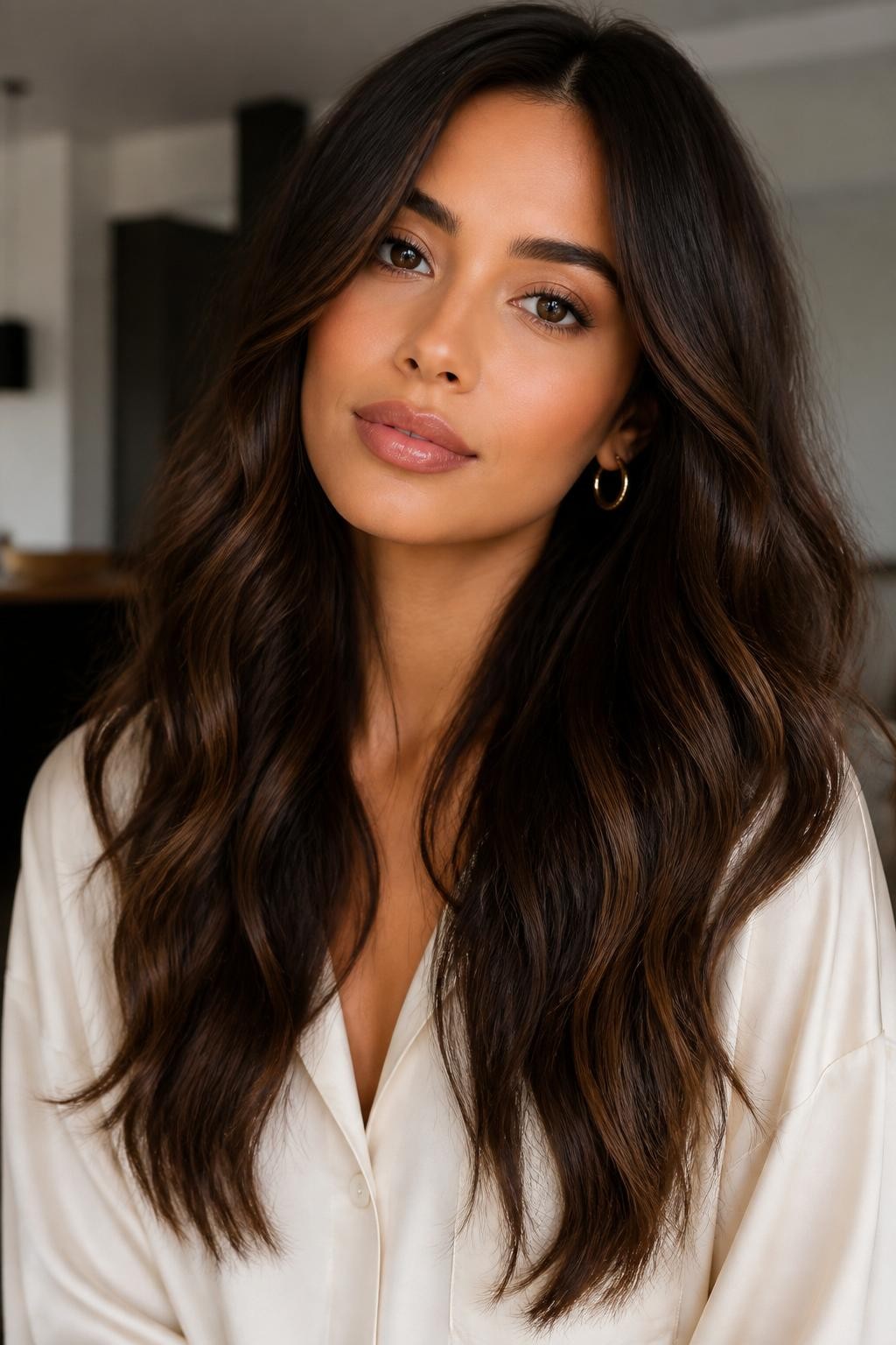 Image Prompt: A beautiful woman with long dark brown hair and mocha brownie batter balayage, deep brunette roots with hand-painted mocha and cocoa brown pieces through the mid-lengths and ends, soft loose waves, warm medium skin tone, natural glam makeup, glossy lips, gold earrings, ivory blouse, modern indoor background, soft window light, realistic DSLR beauty editorial portrait, smooth blended brown color placement, no text, (no watermarks on images)